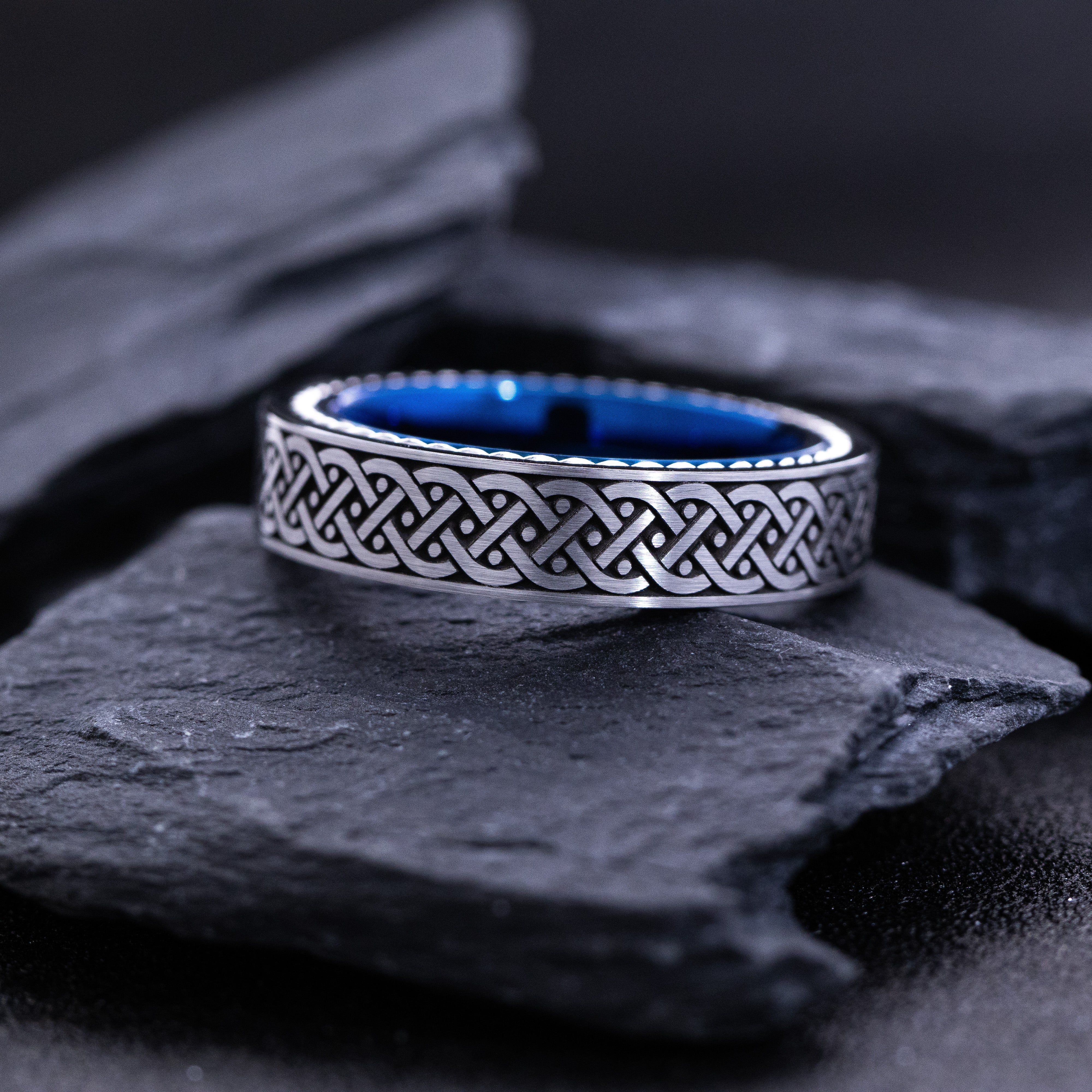 Blue and Silver Tungsten Carbide 6mm Engagement Ring with Celtic Braided Knot