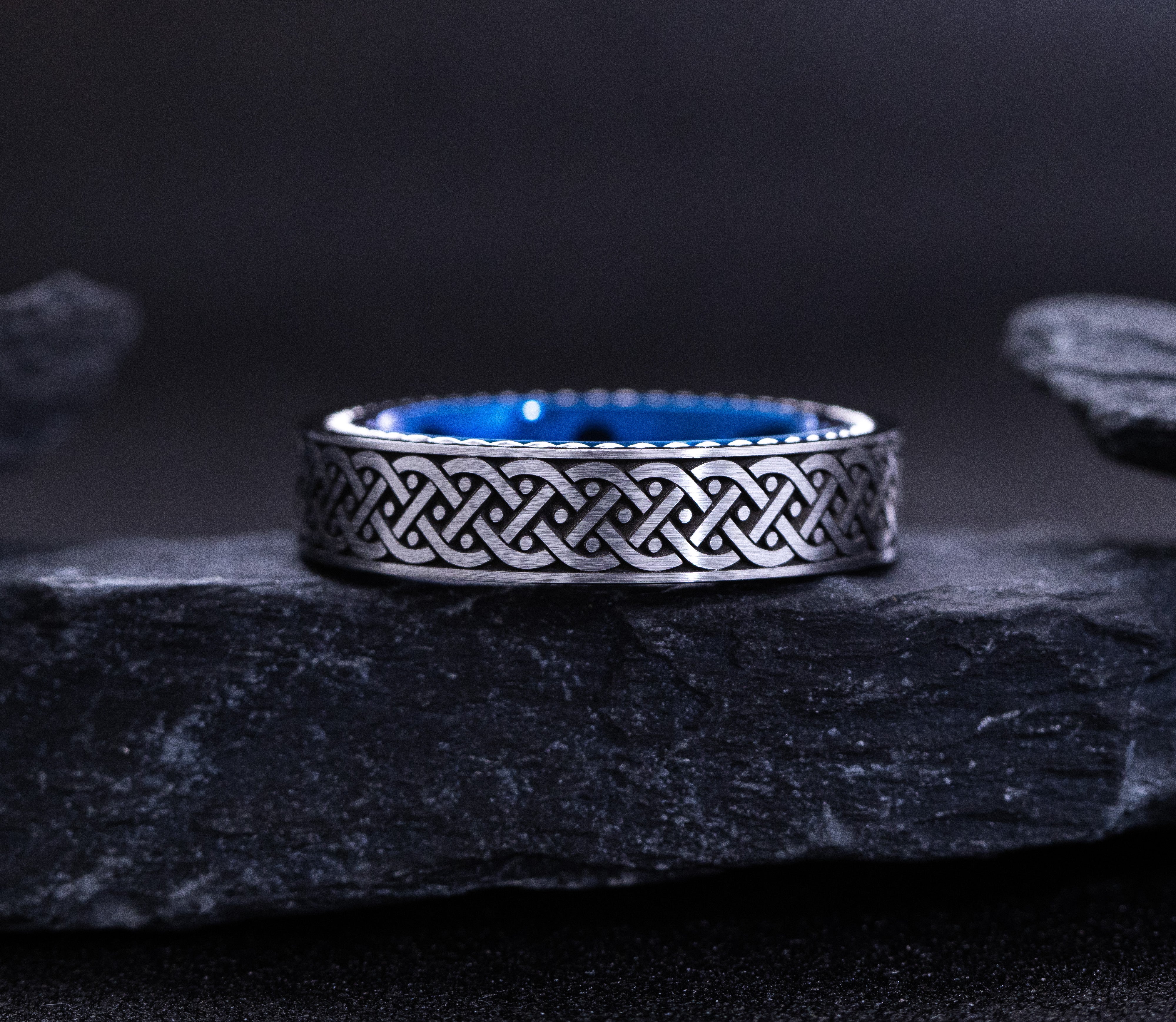 Blue and Silver Tungsten Carbide 6mm Engagement Ring with Celtic Braided Knot