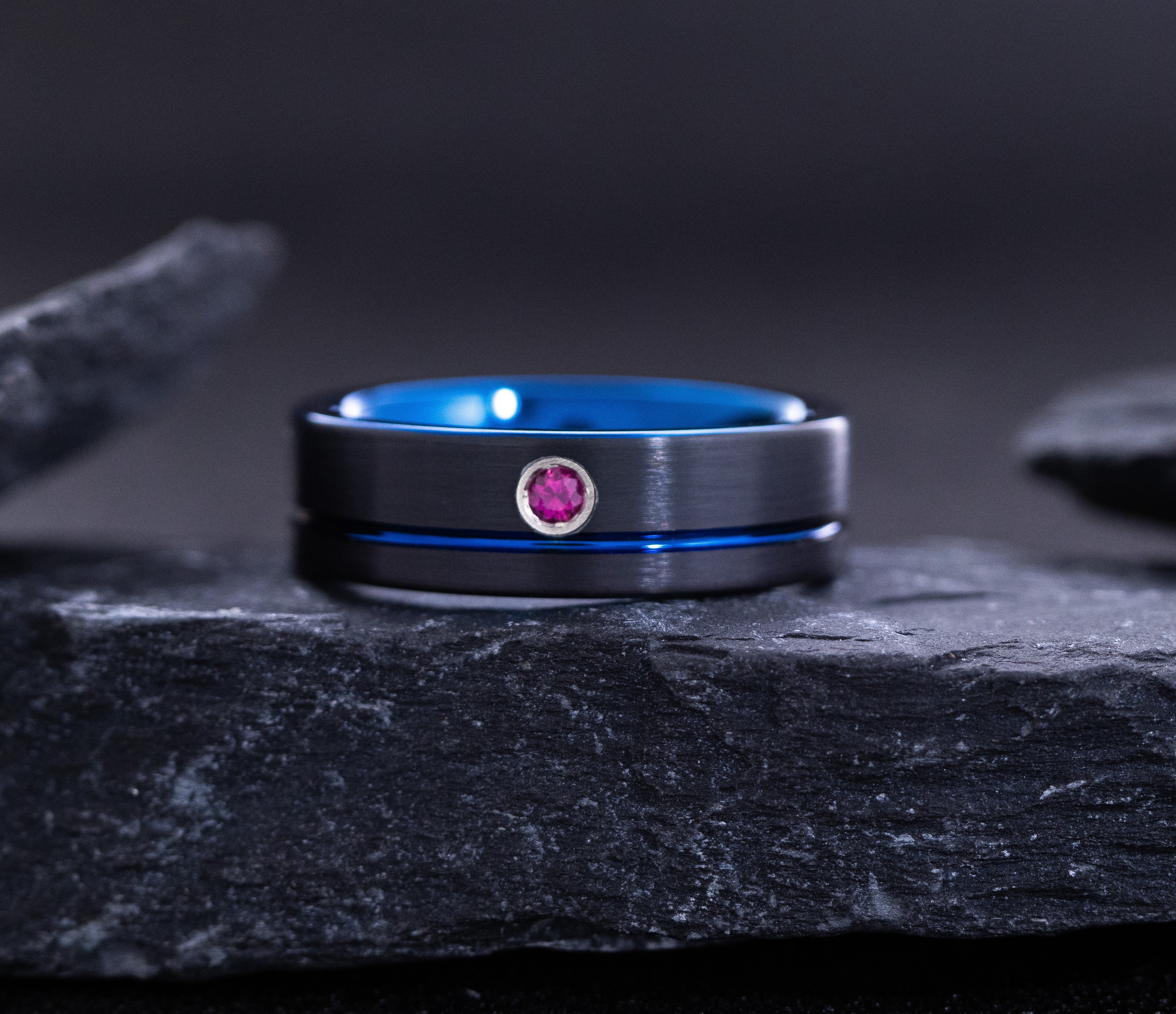 8mm Black and Blue Grooved Tungsten Carbide Ring with Round Cut Gemstone