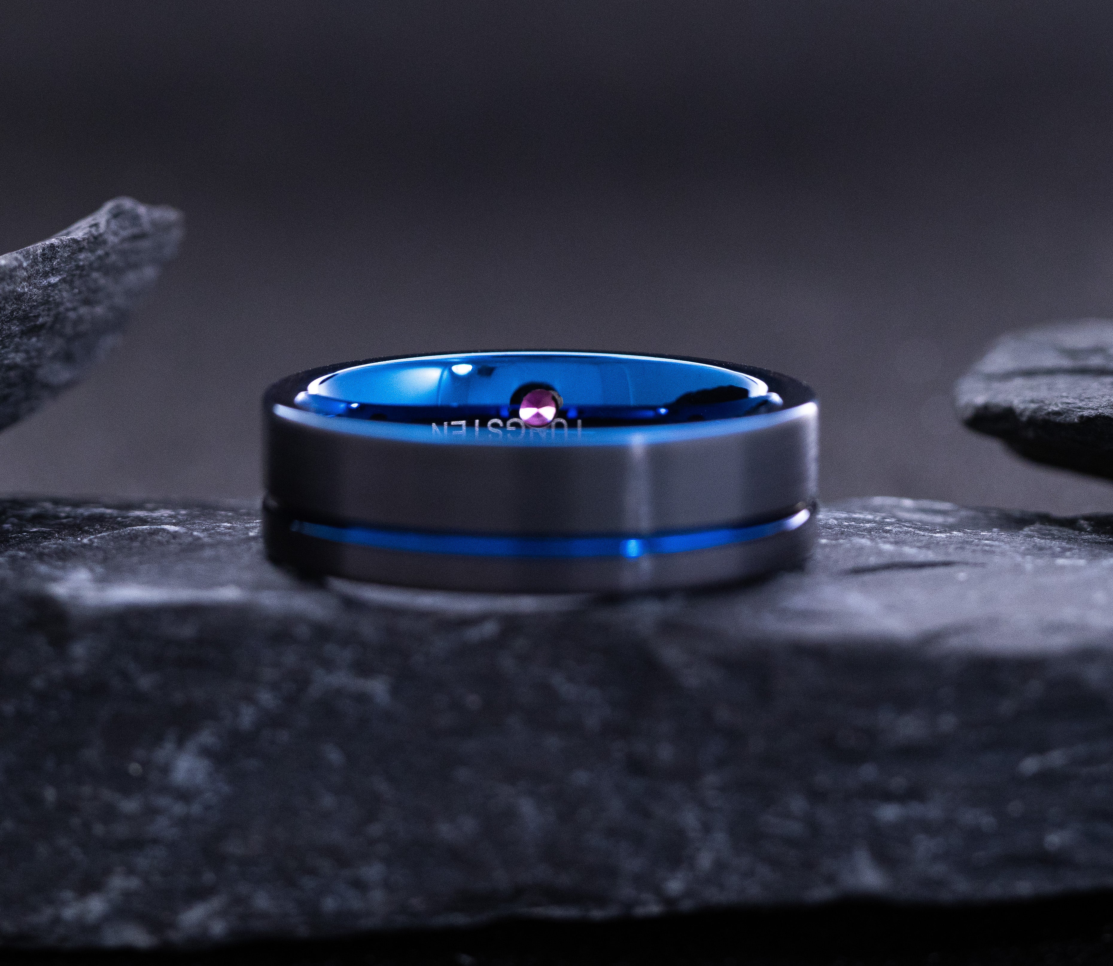 8mm Black and Blue Grooved Tungsten Carbide Ring with Round Cut Gemstone