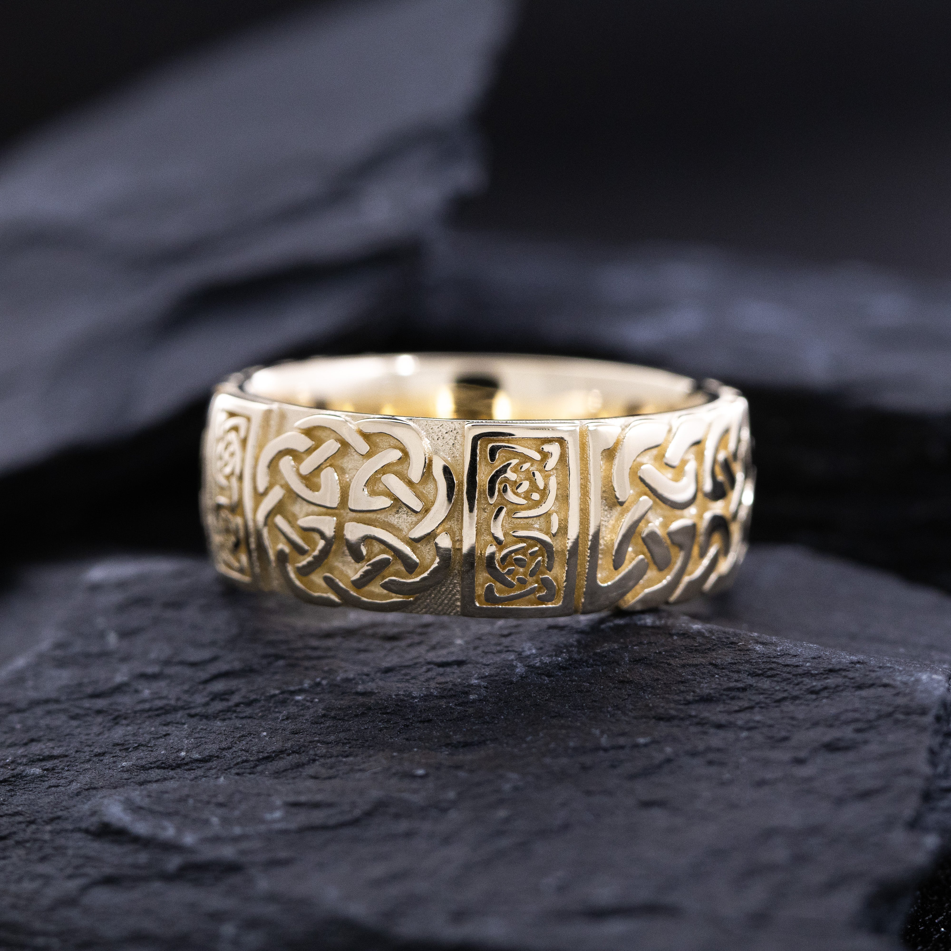 9mm Custom Made, Dome Shaped, Solid Gold Ring with Celtic Knot Engraving