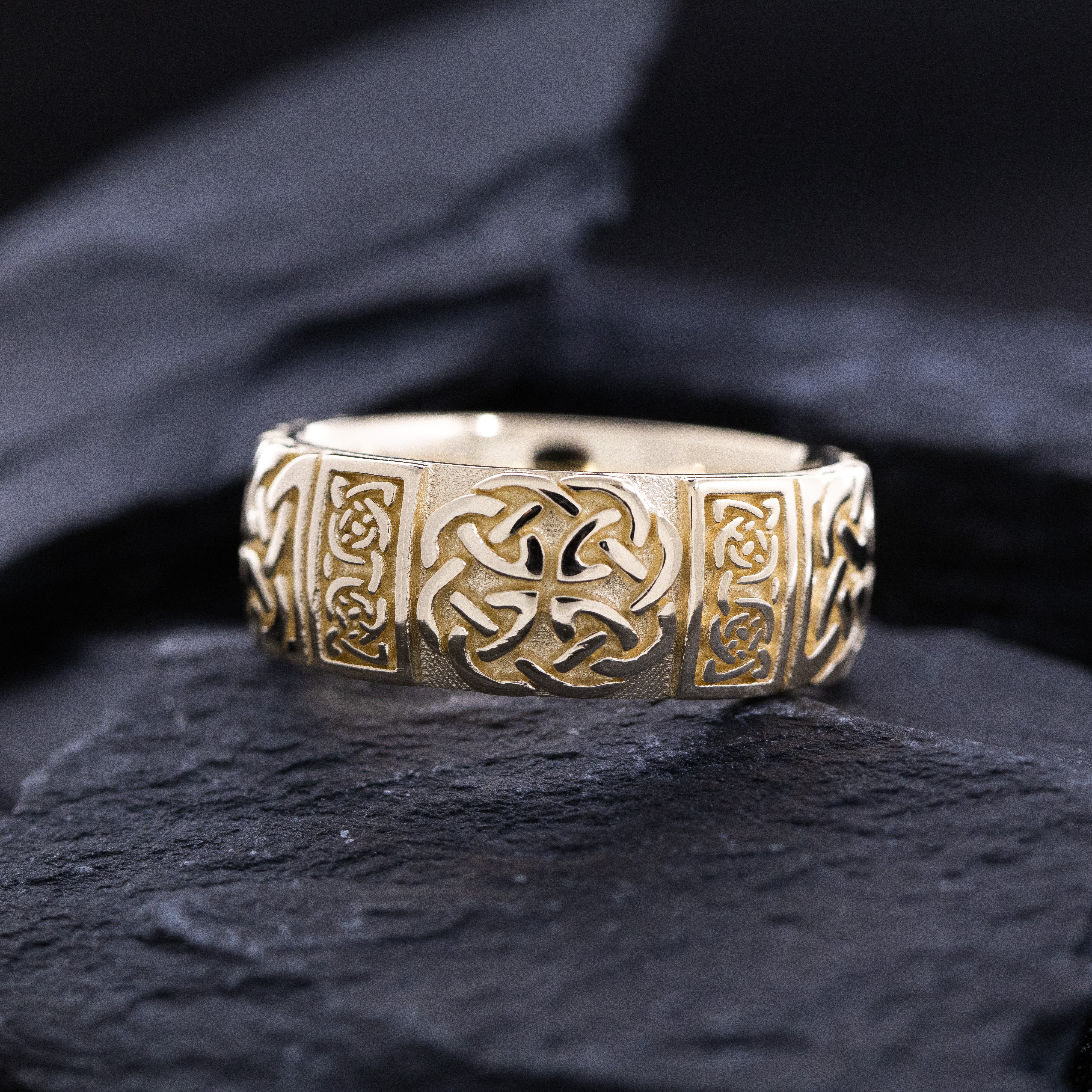 9mm Custom Made, Dome Shaped, Solid Gold Ring with Celtic Knot Engraving