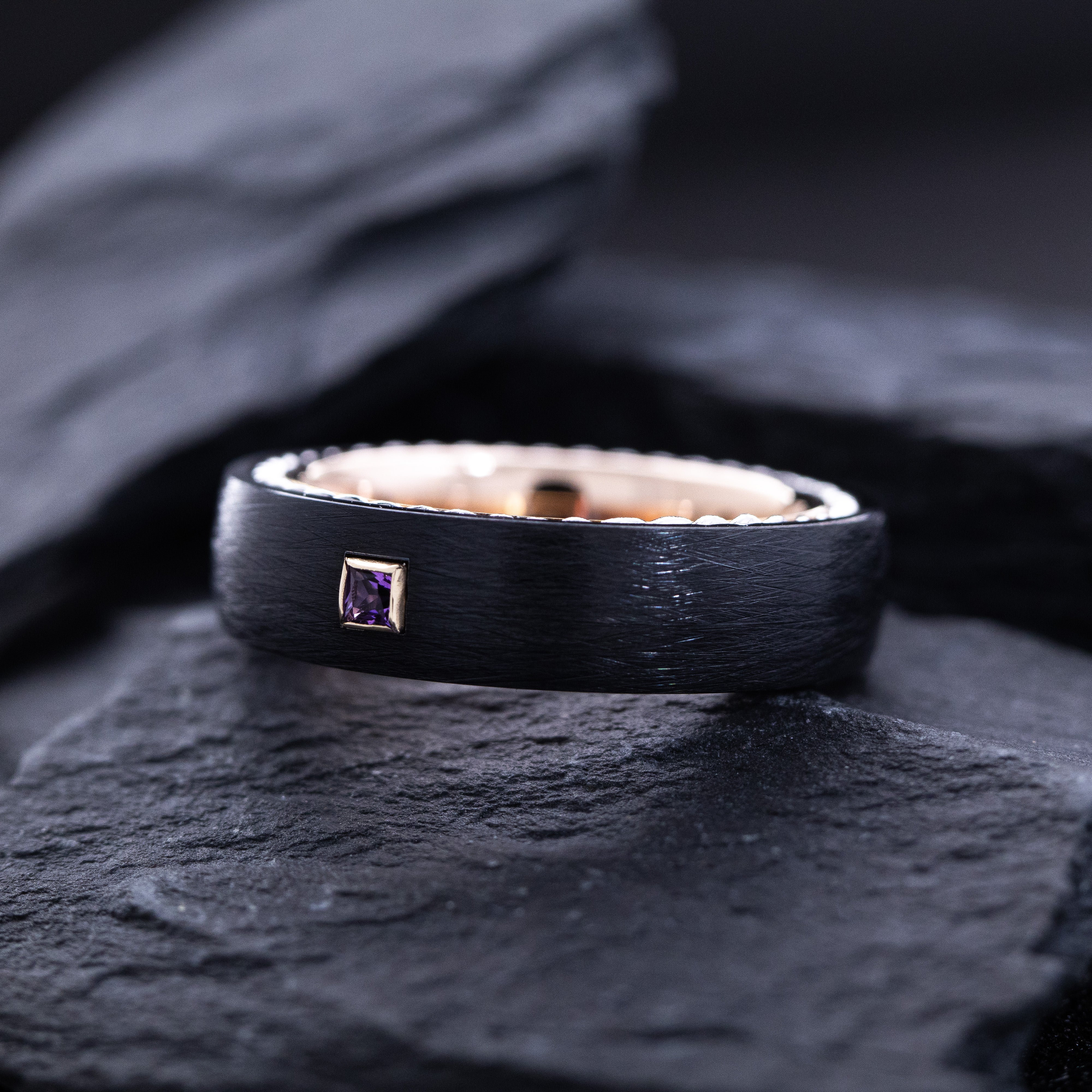 6mm Black and Rose Gold Tungsten Ring with Braided Rope and Gemstone