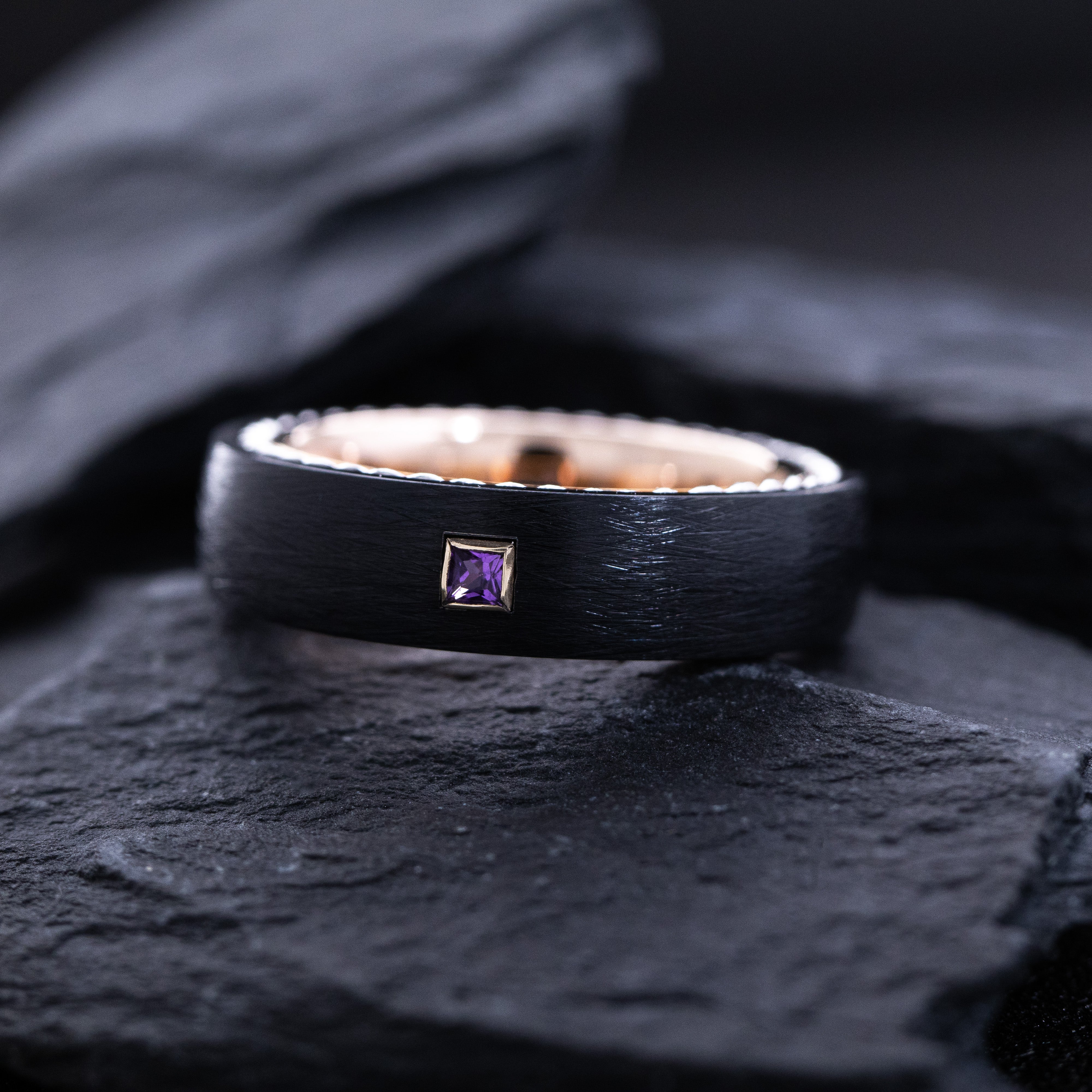 6mm Black and Rose Gold Tungsten Ring with Braided Rope and Gemstone