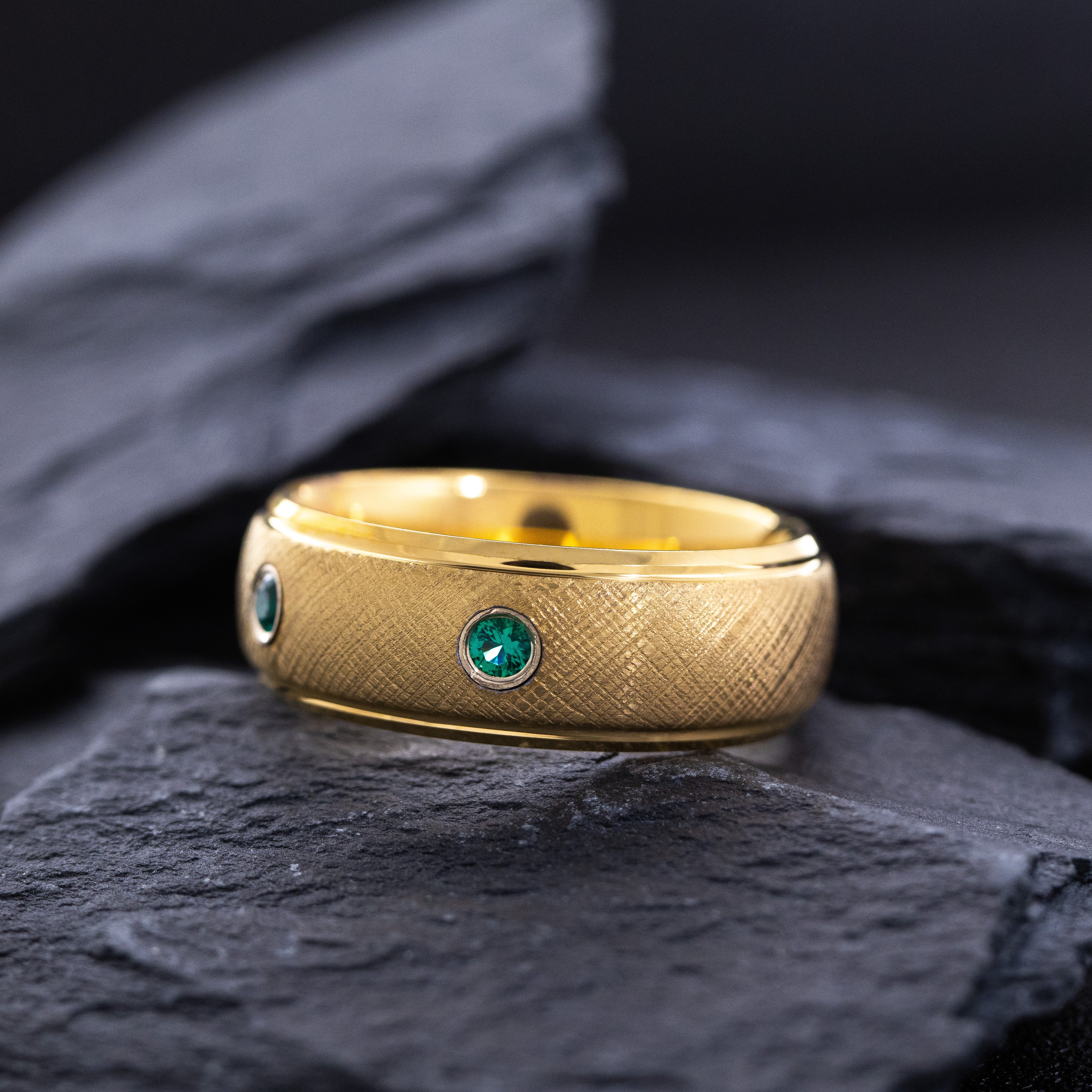 8mm Yellow Gold Dome Tungsten Carbide Ring with Two Round Cut Gemstones