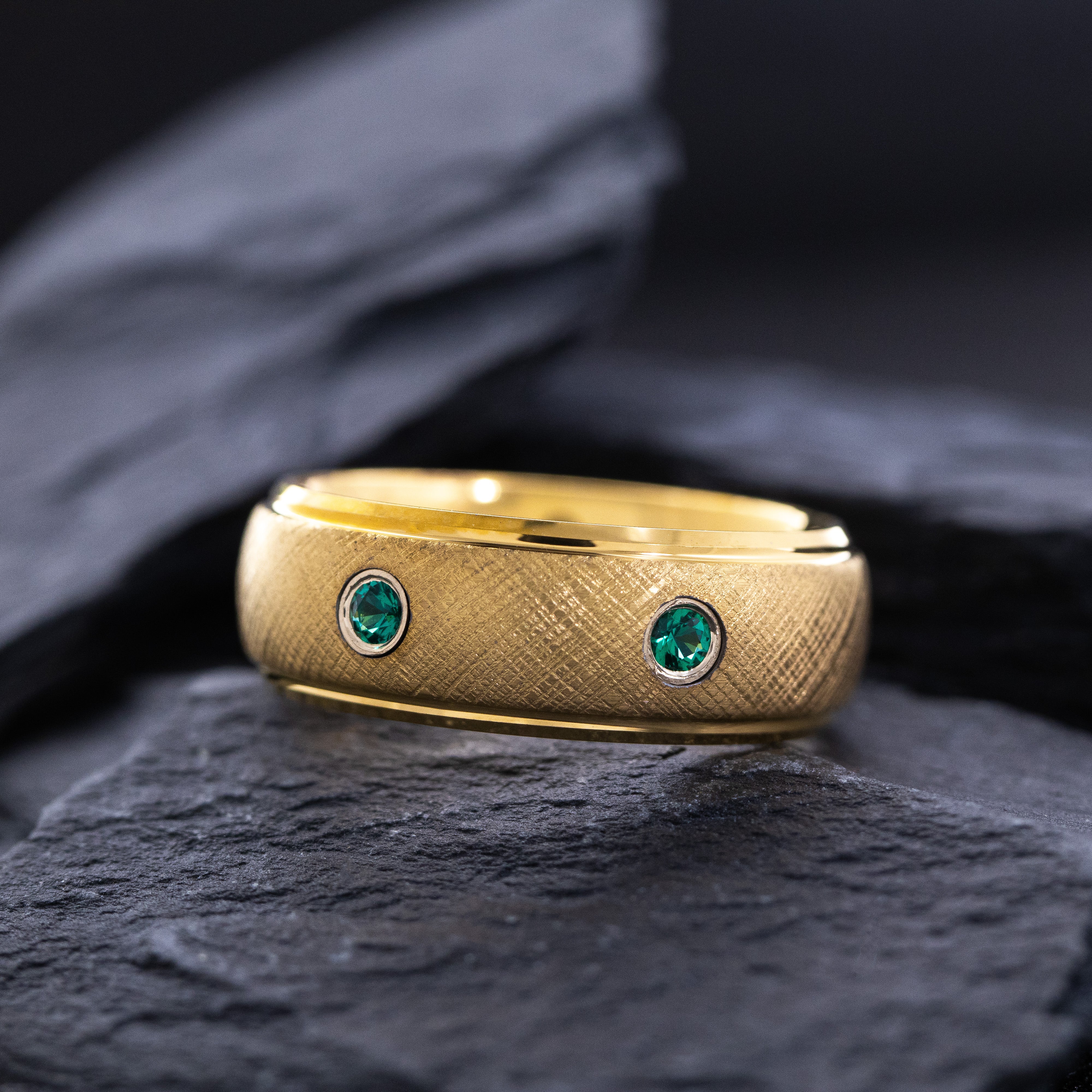 8mm Yellow Gold Dome Tungsten Carbide Ring with Two Round Cut Gemstones