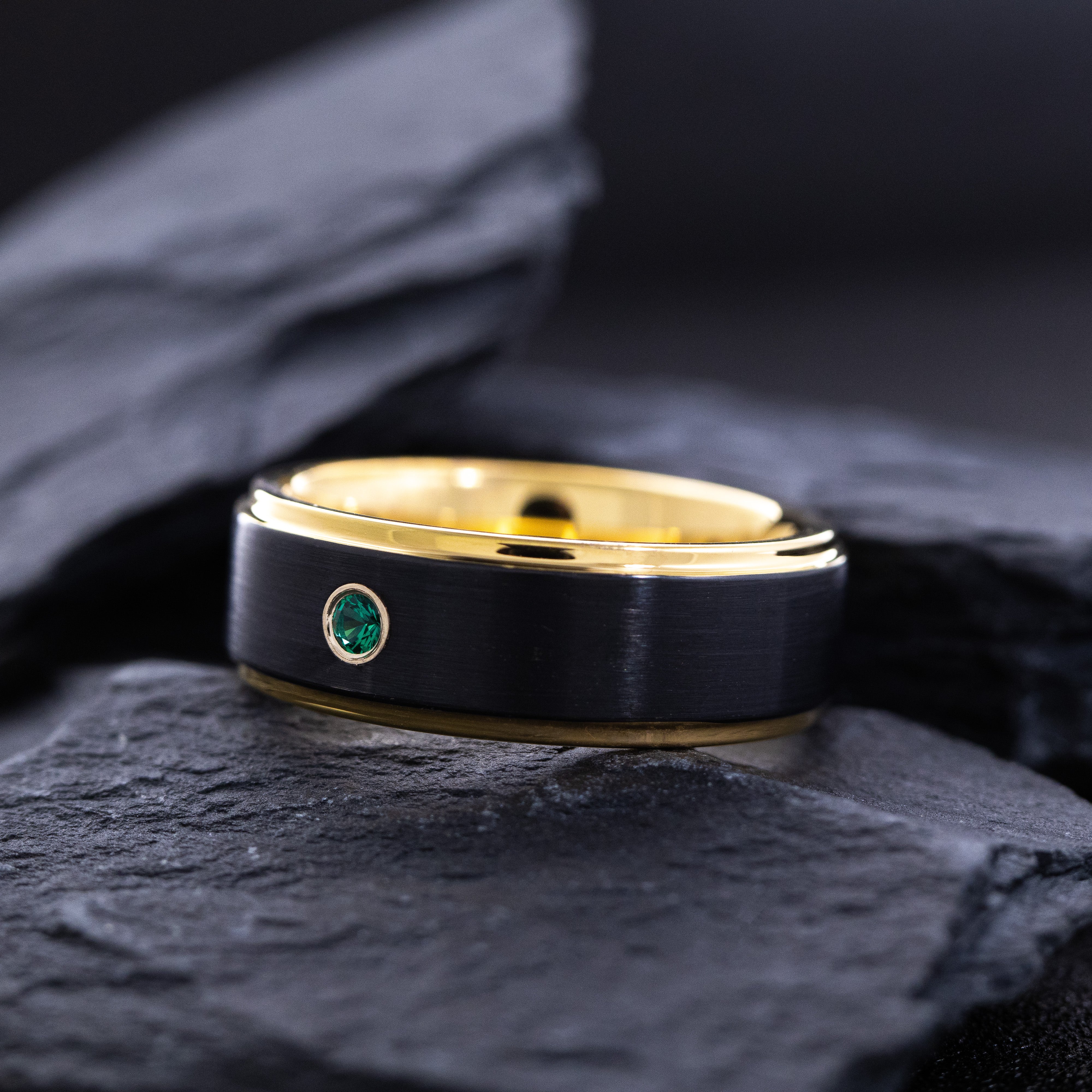 8mm Yellow Gold and Black Tungsten Carbide Ring with Round Cut Gemstone and Stepped Edges