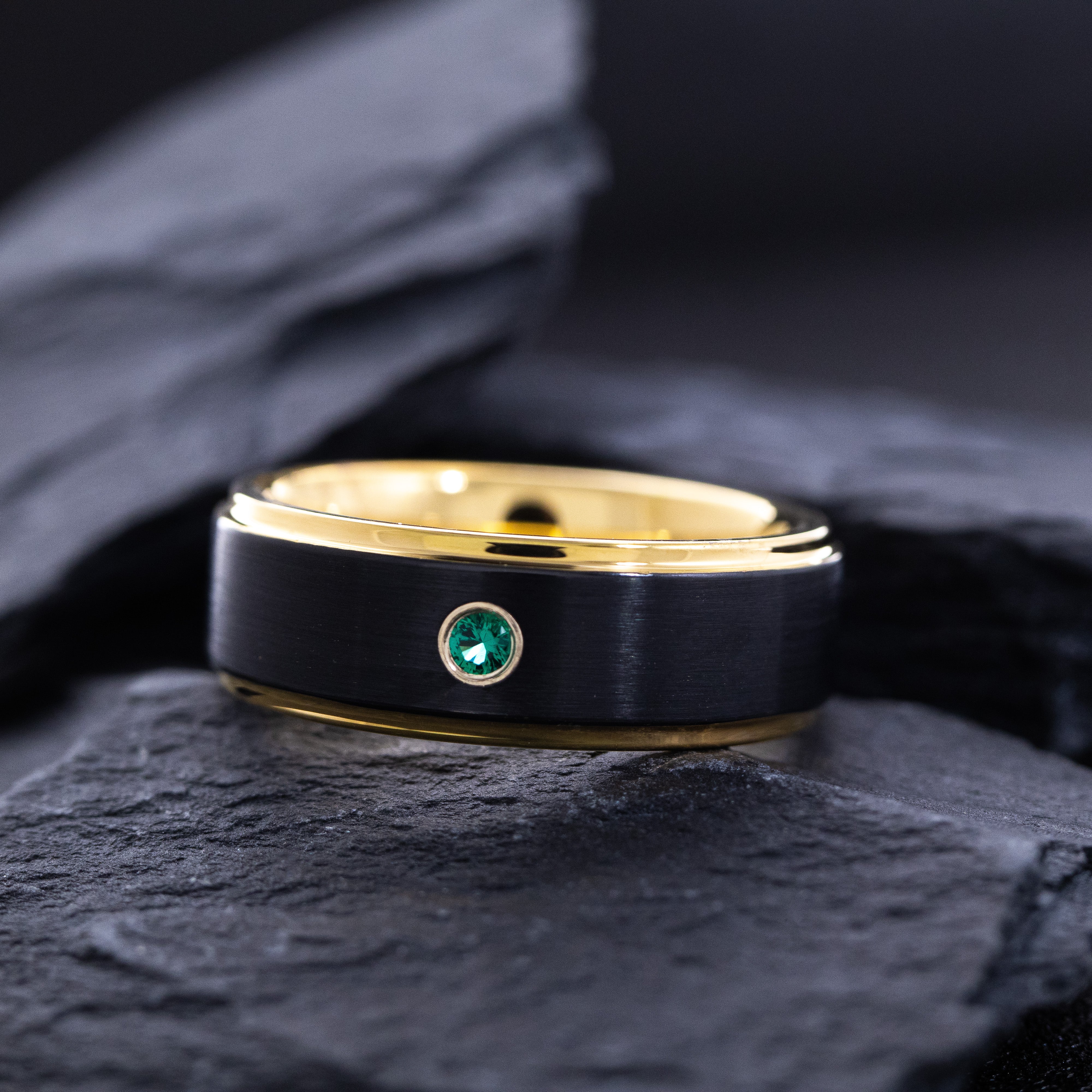 8mm Yellow Gold and Black Tungsten Carbide Ring with Round Cut Gemstone and Stepped Edges