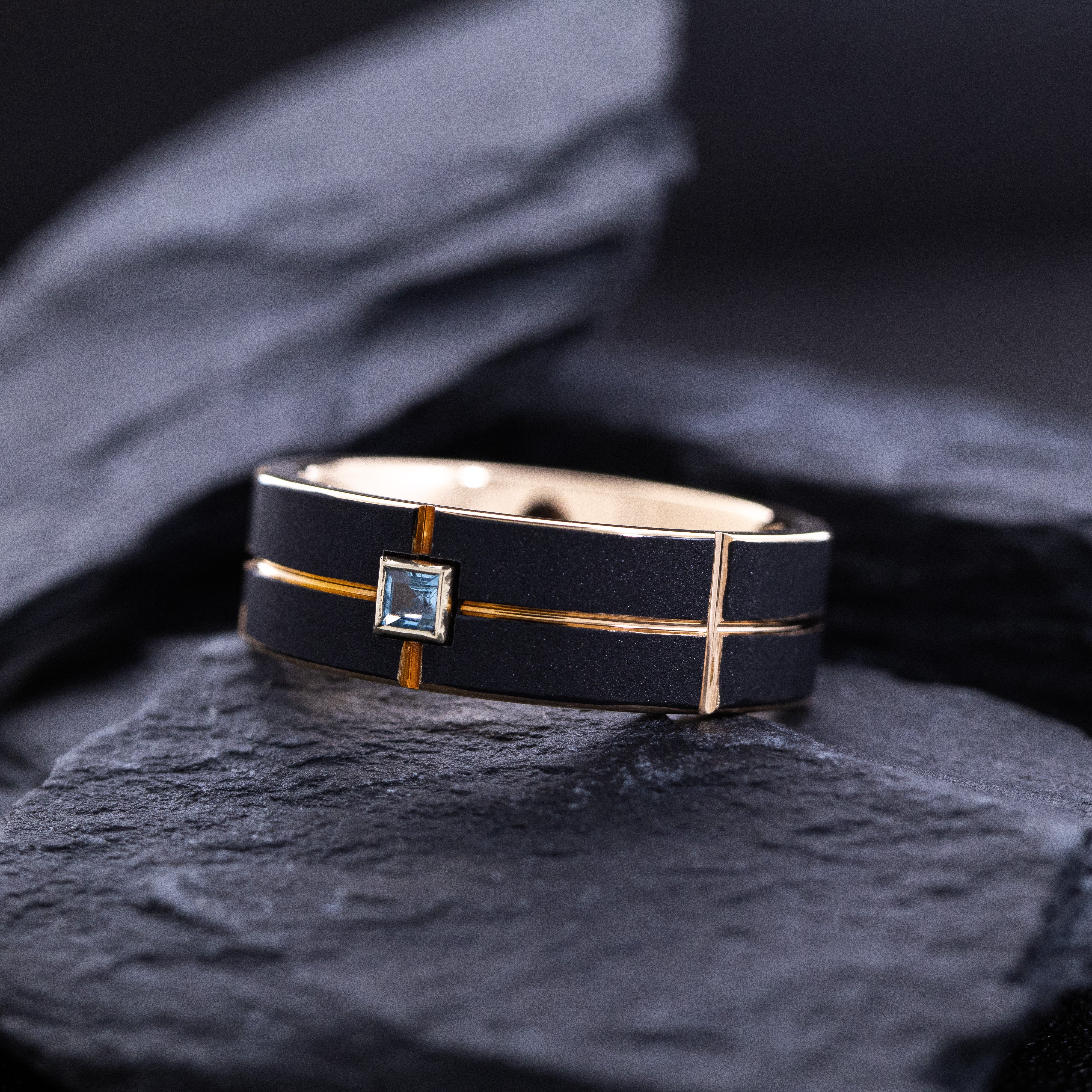 8mm Black and Rose Gold Notched and Grooved Tungsten Ring with Gemstone
