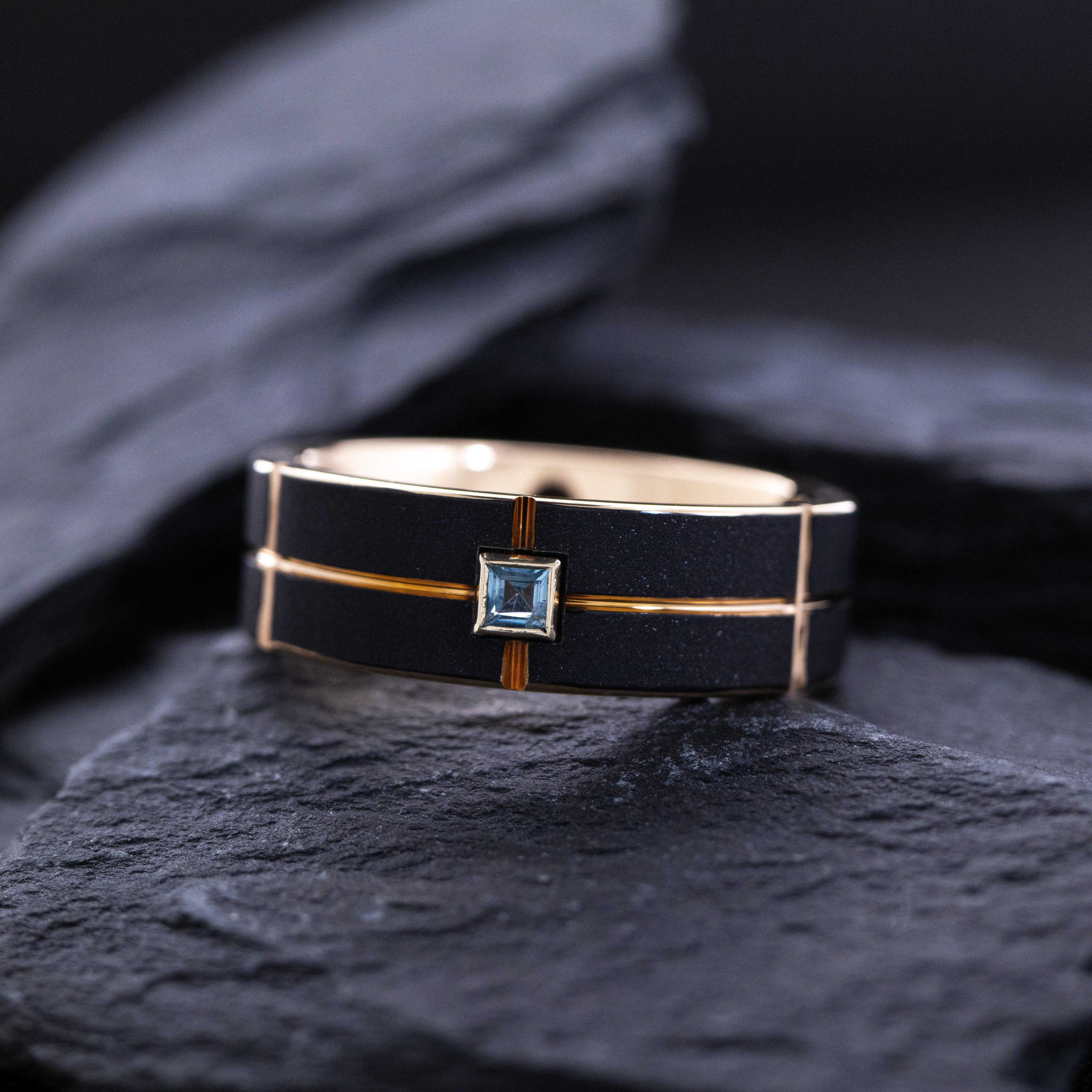 8mm Black and Rose Gold Notched and Grooved Tungsten Ring with Gemstone
