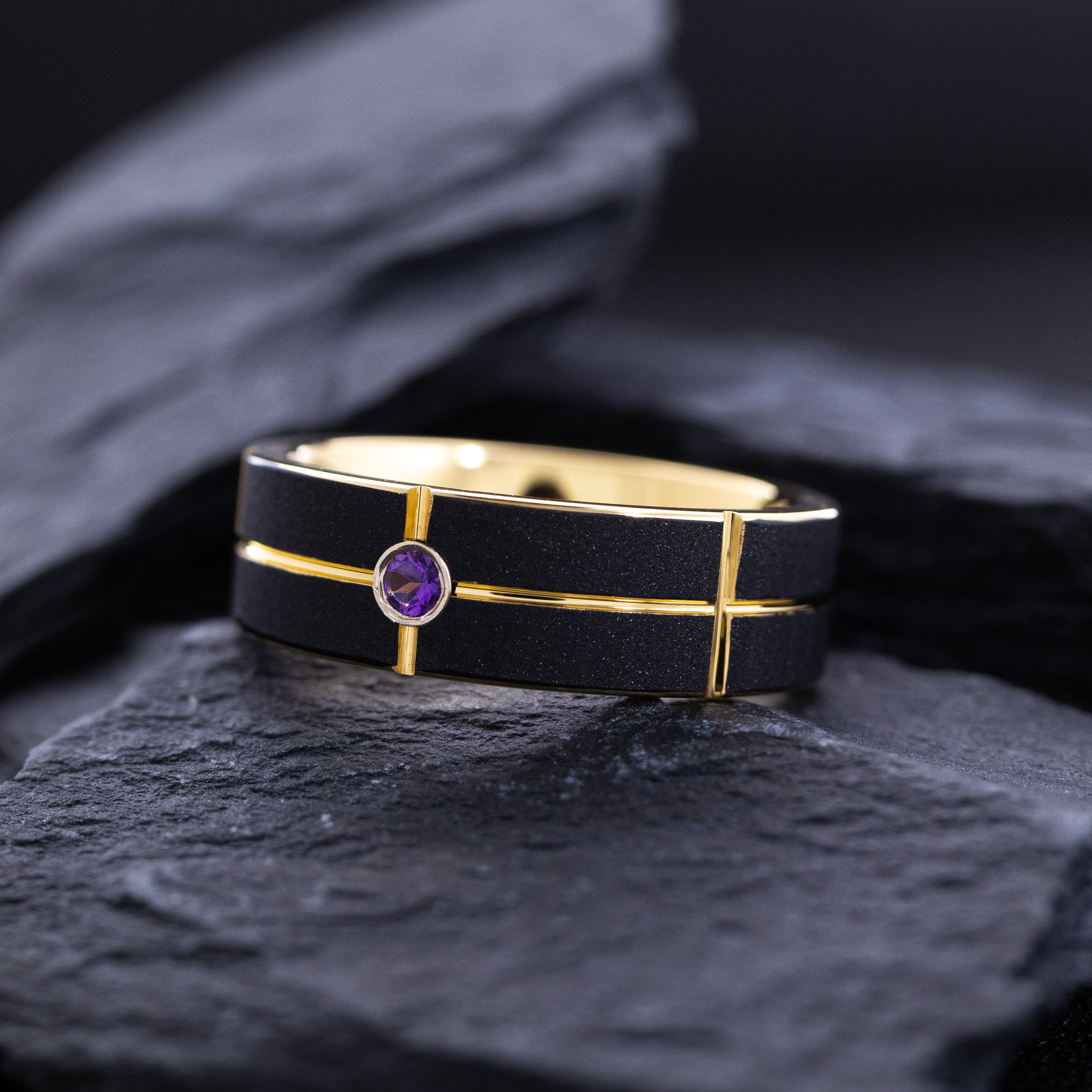 8mm Black and Yellow Gold Notched and Grooved Tungsten Ring with Round Cut Gemstone