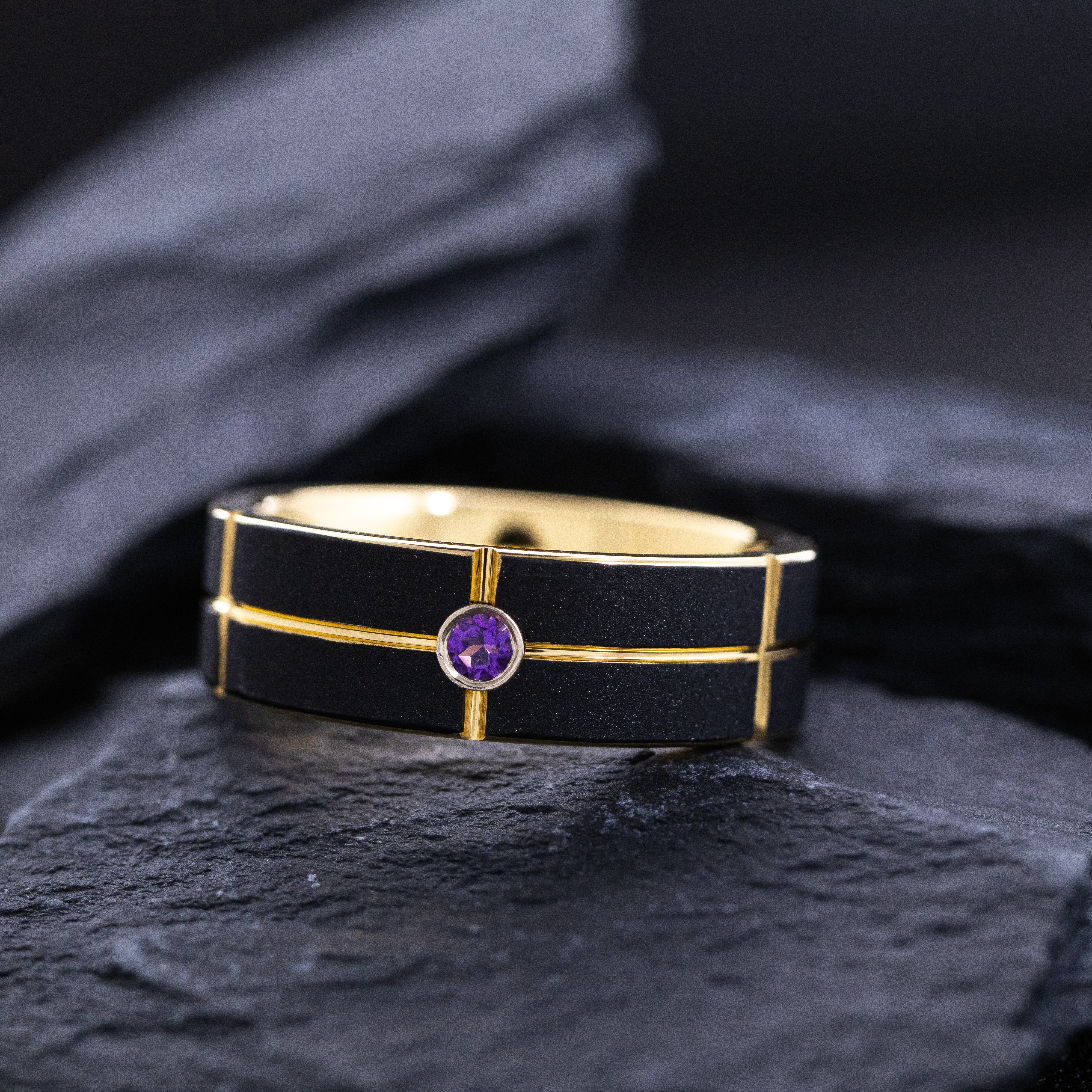 8mm Black and Yellow Gold Notched and Grooved Tungsten Ring with Round Cut Gemstone