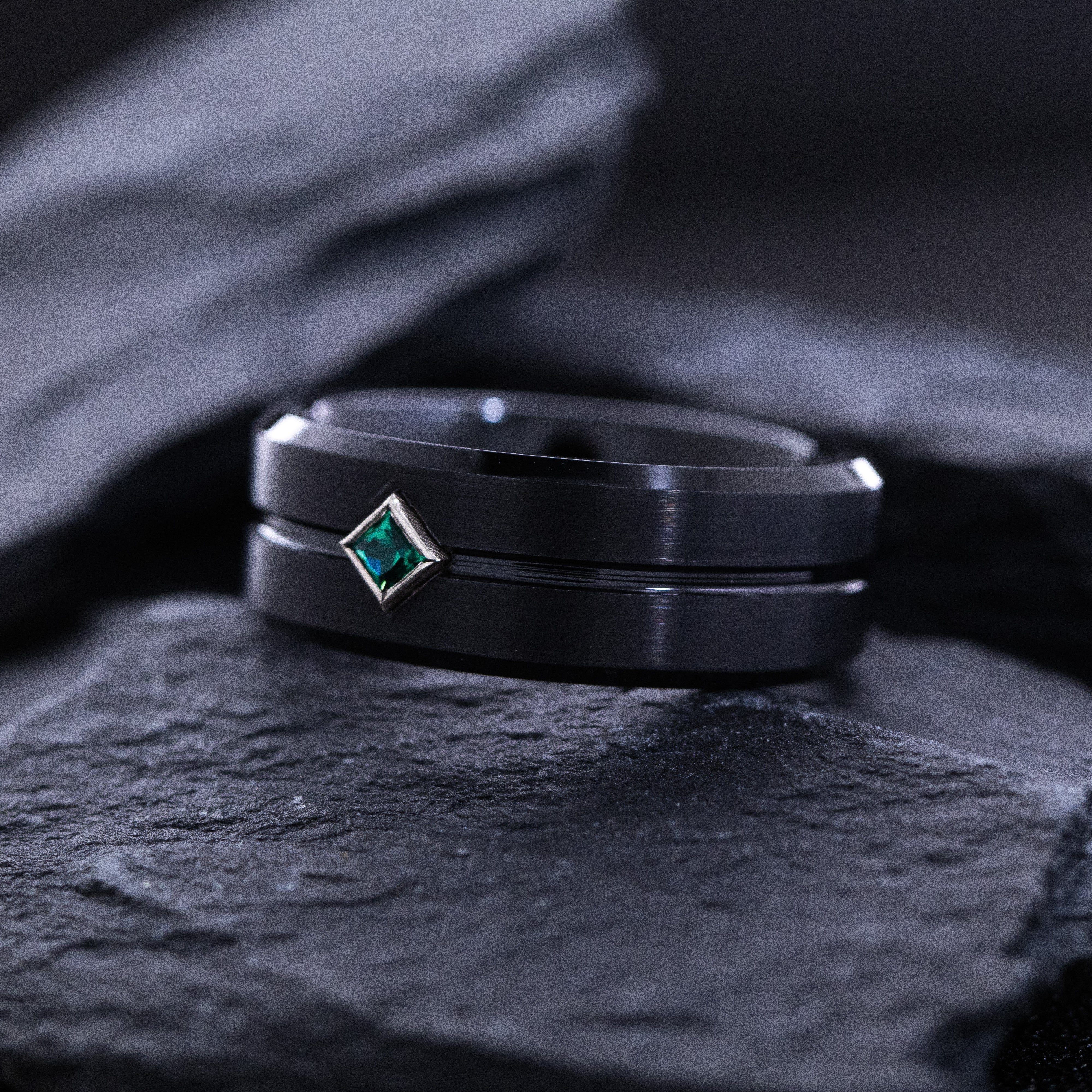 8mm Black Tungsten Ring with Groove and Princess Cut Gemstone