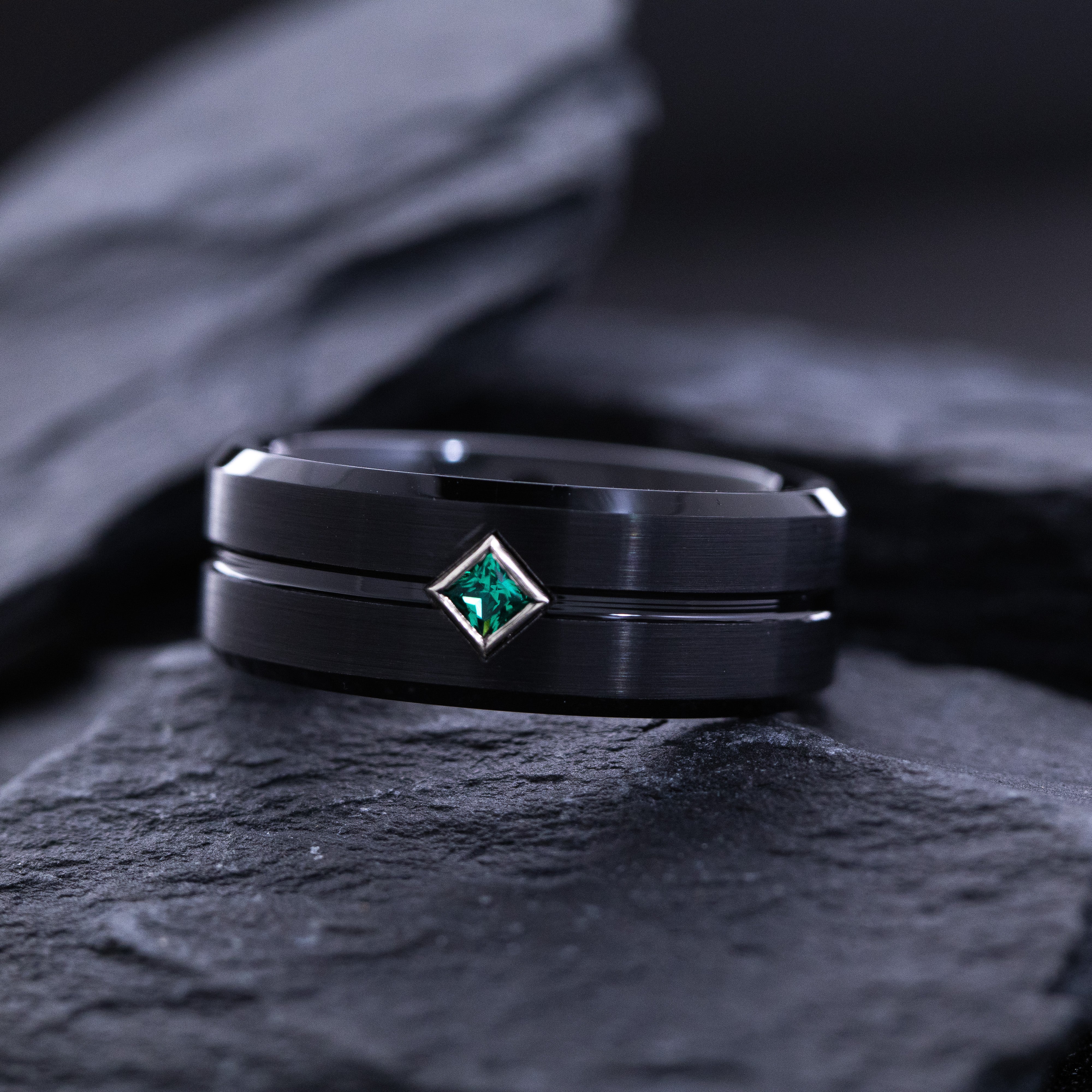 8mm Black Tungsten Ring with Groove and Princess Cut Gemstone