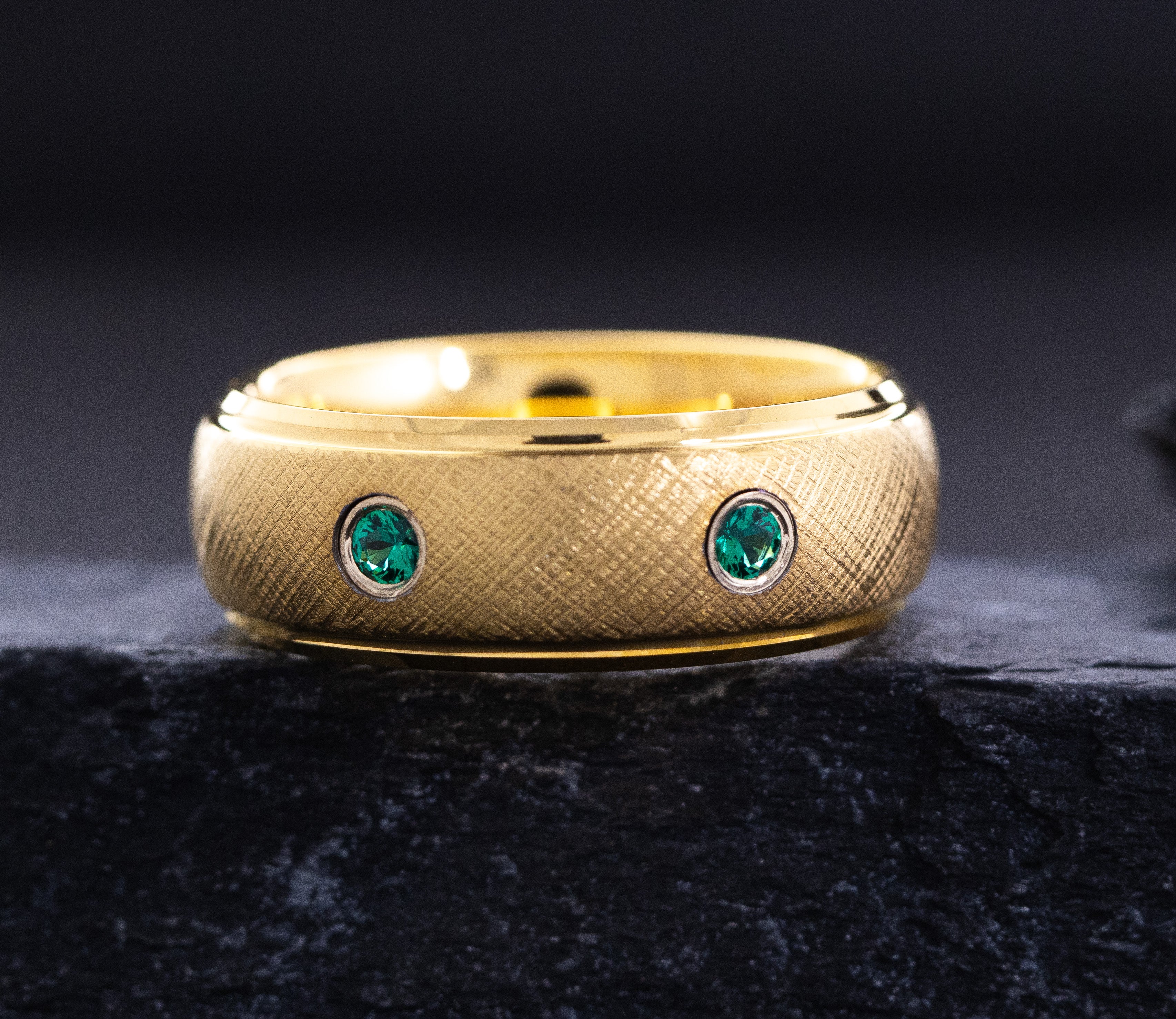 8mm Yellow Gold Dome Tungsten Carbide Ring with Two Round Cut Gemstones