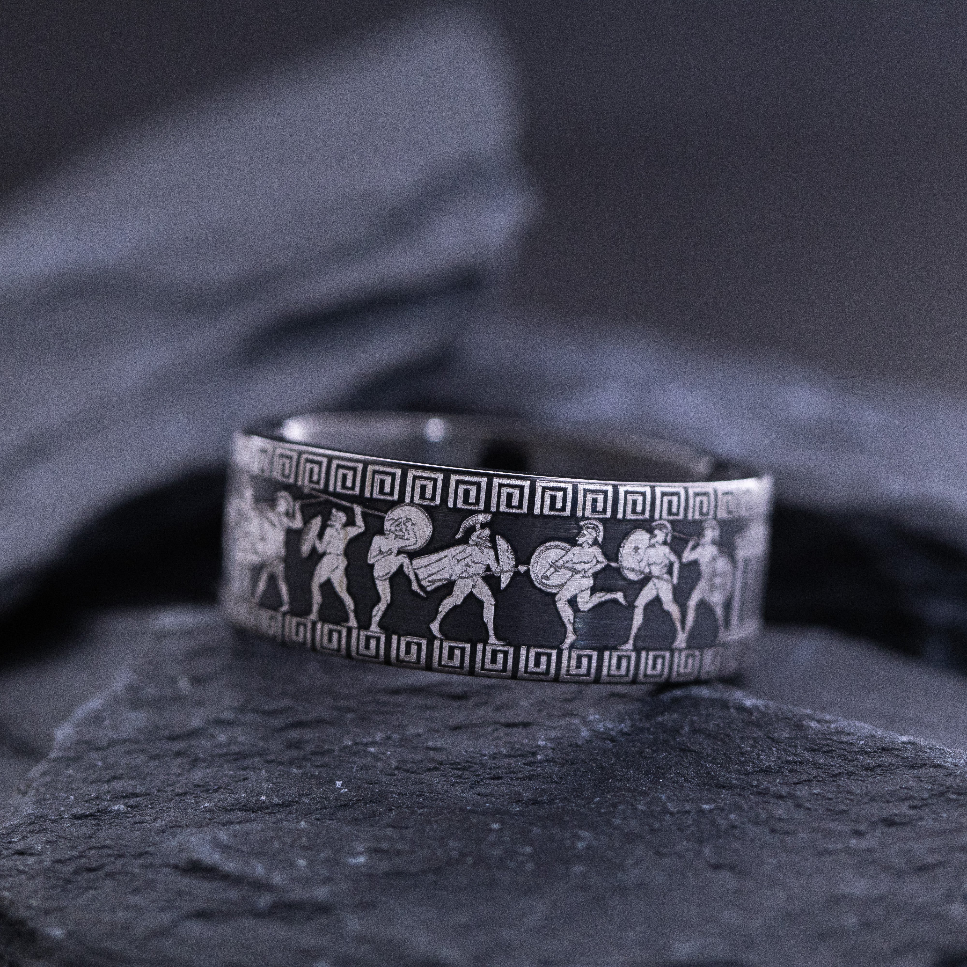 9mm Custom Made Black Tungsten Ring with Ancient Greek Warrior Engravings