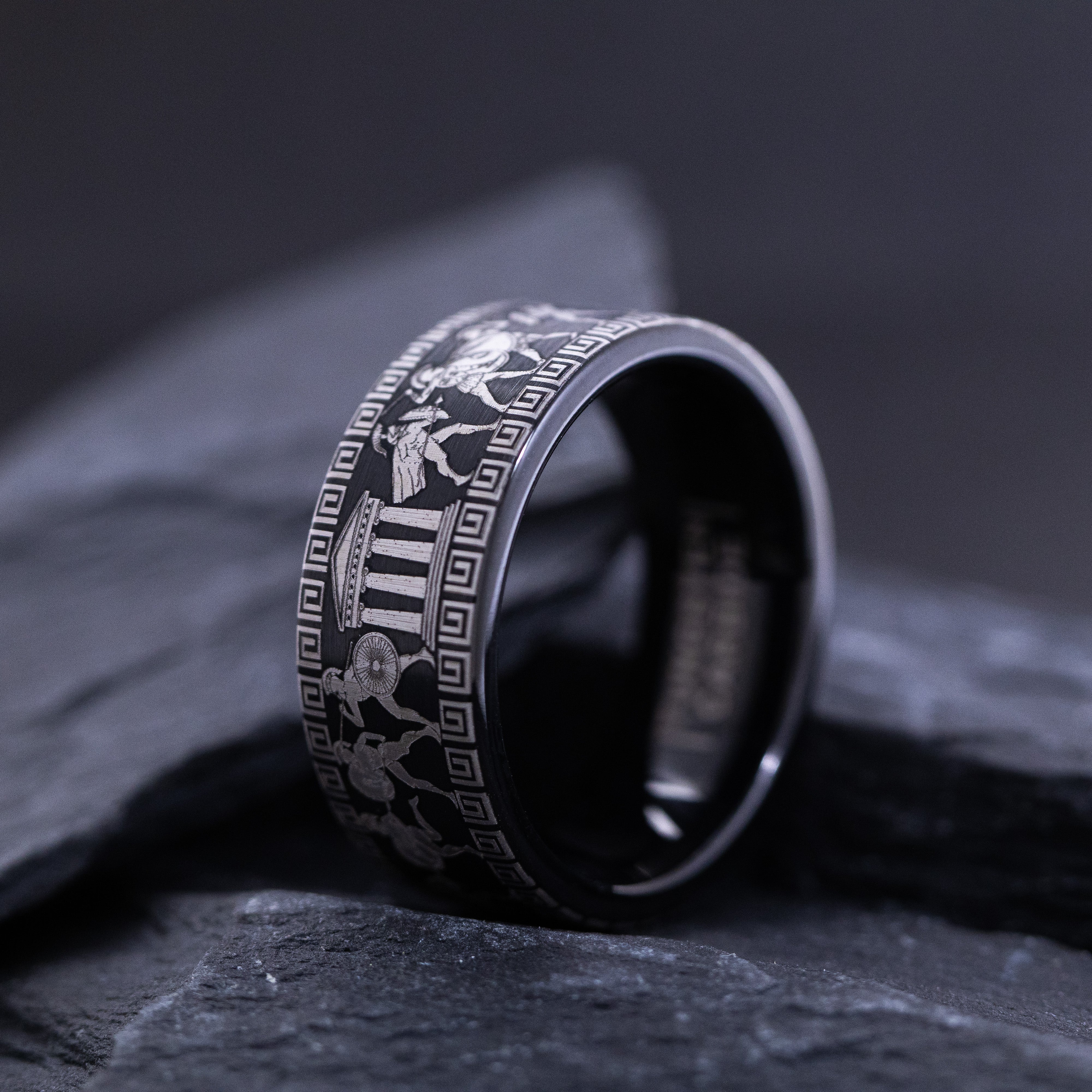 9mm Custom Made Black Tungsten Ring with Ancient Greek Warrior Engravings