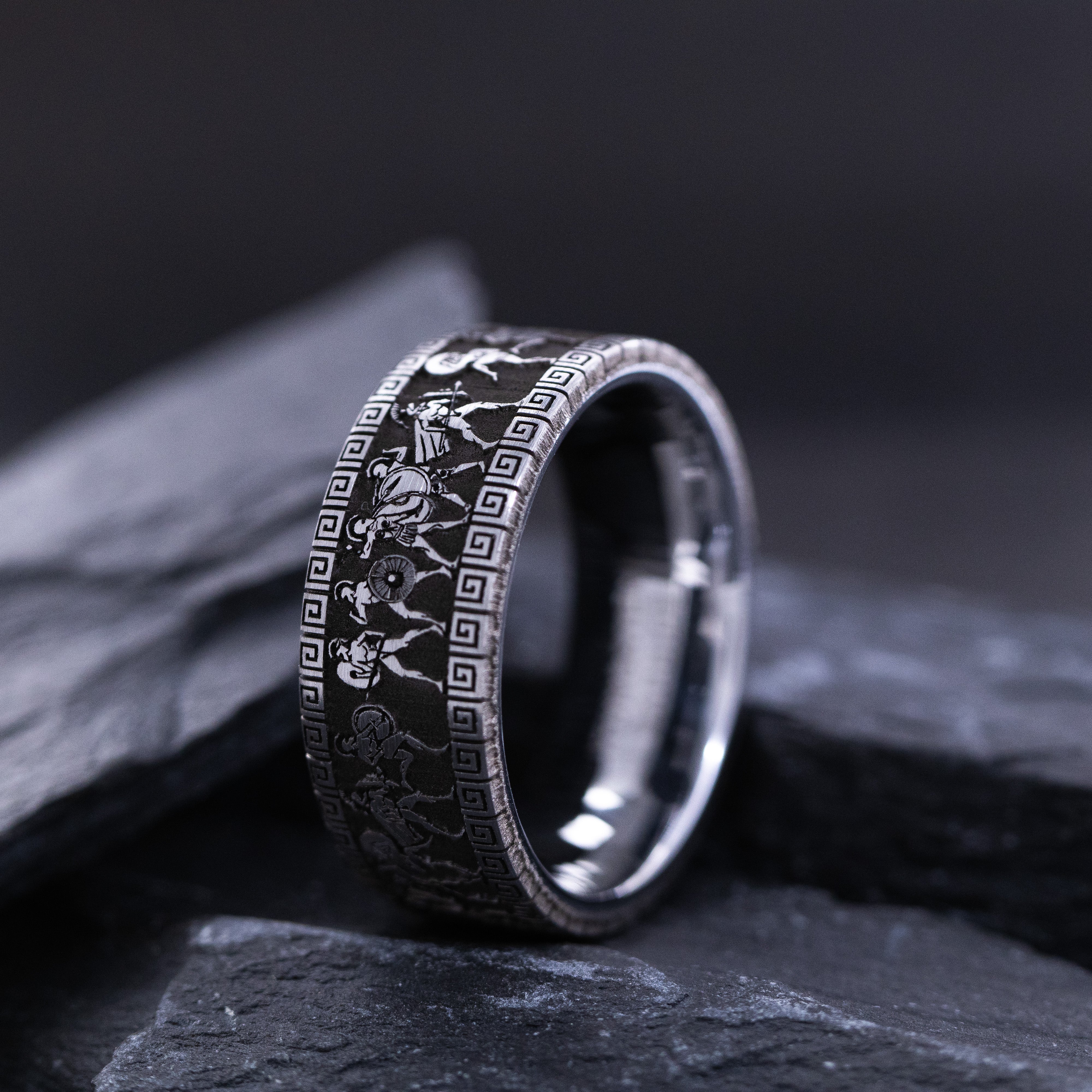 9mm Deep Engraved Tungsten Ring with Ancient Greek Warriors