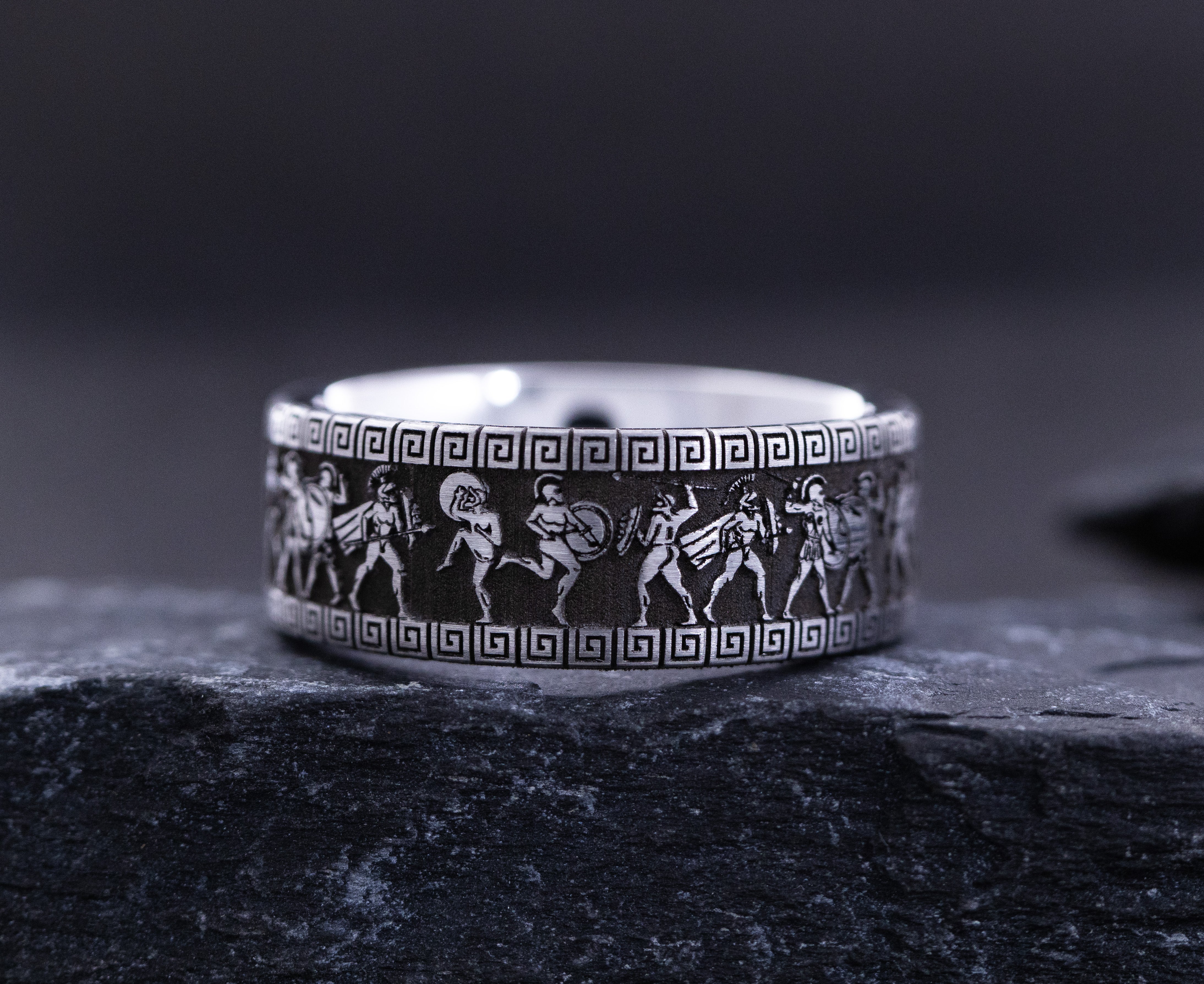 9mm Deep Engraved Tungsten Ring with Ancient Greek Warriors