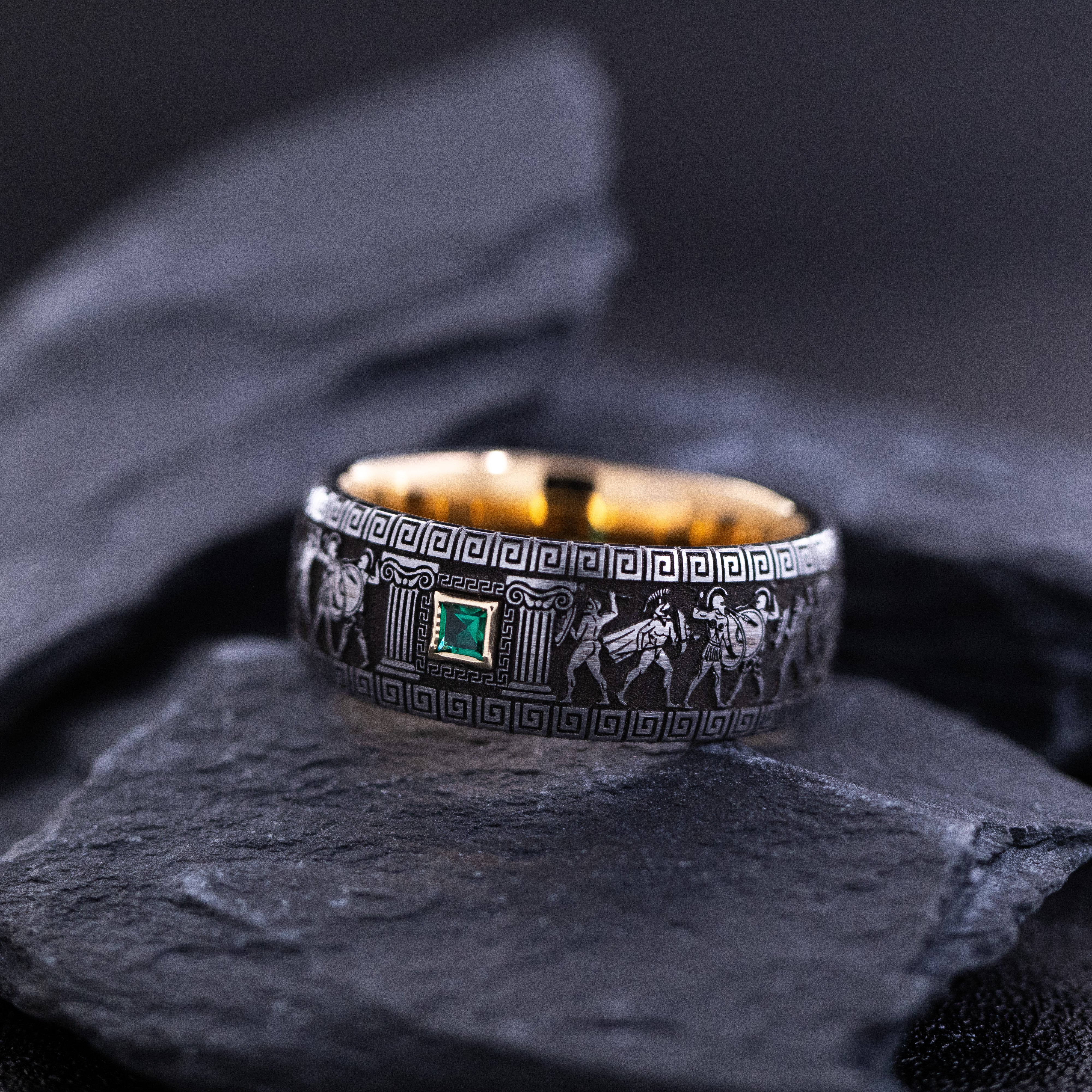 9mm Tungsten Carbide Ring with Rose Gold Plating, Gemstone and Ancient Greek Style Deep Engravings