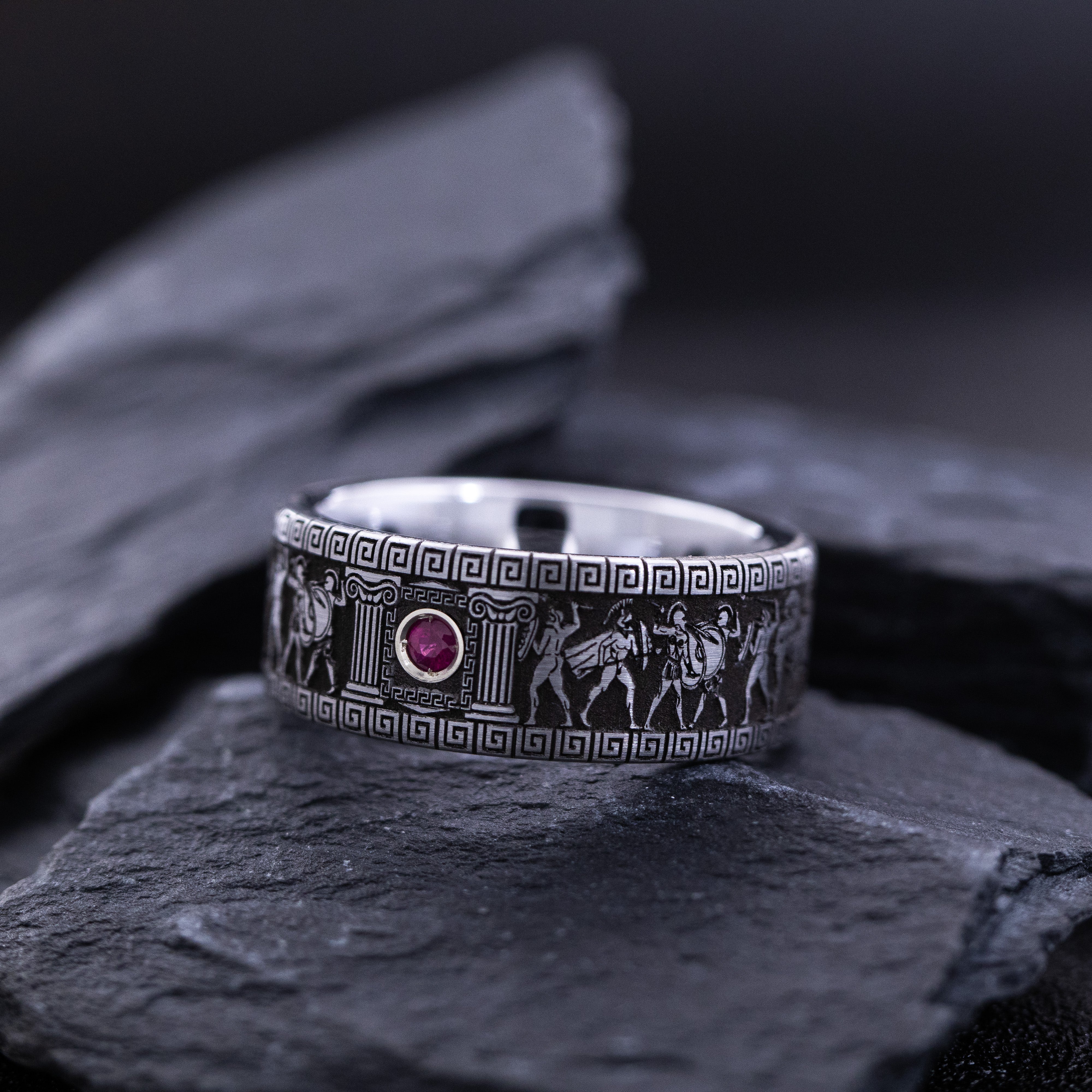 9mm Tungsten Carbide Ring with Round Cut Gemstone and Ancient Greek Warrior Deep Engravings