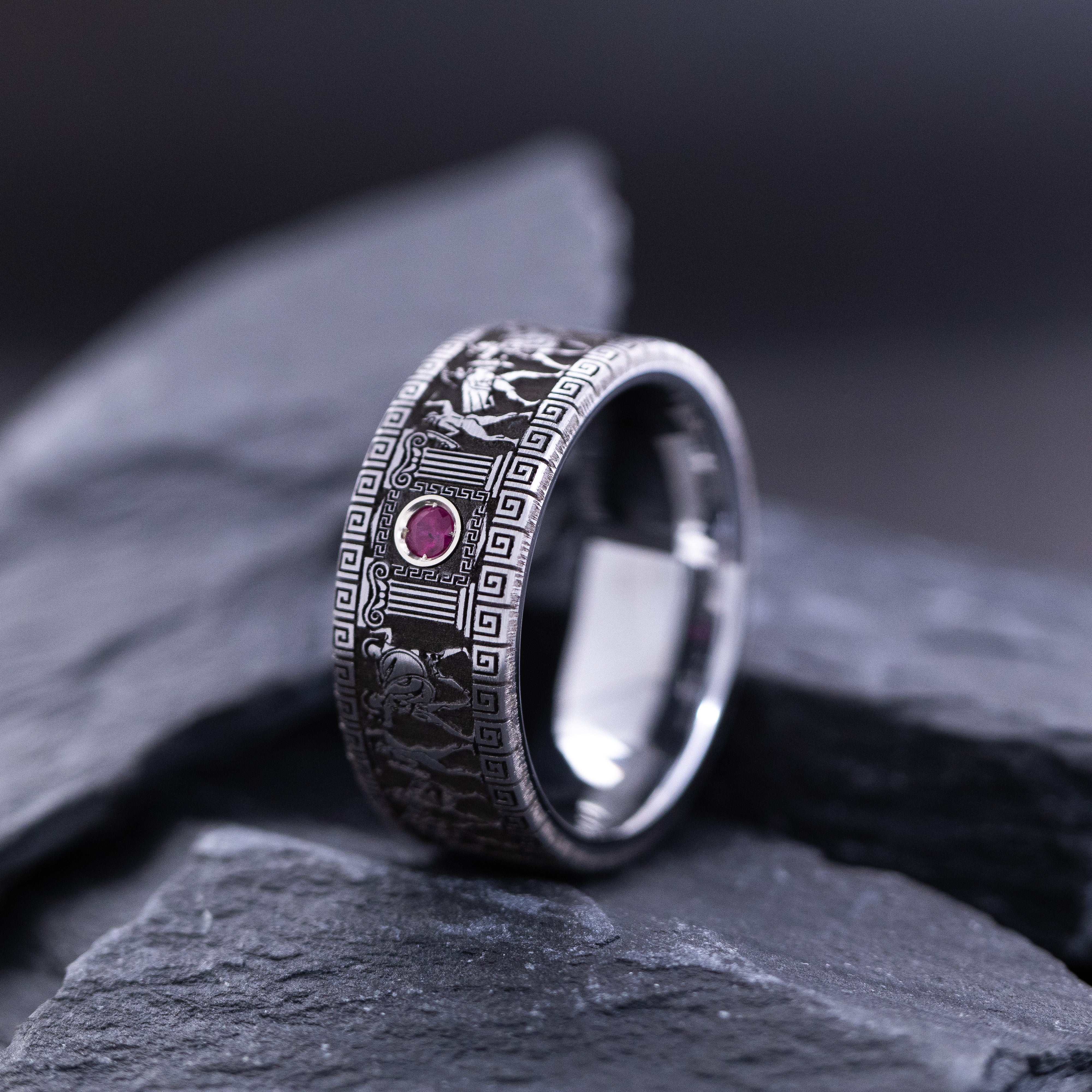 9mm Tungsten Carbide Ring with Round Cut Gemstone and Ancient Greek Warrior Deep Engravings