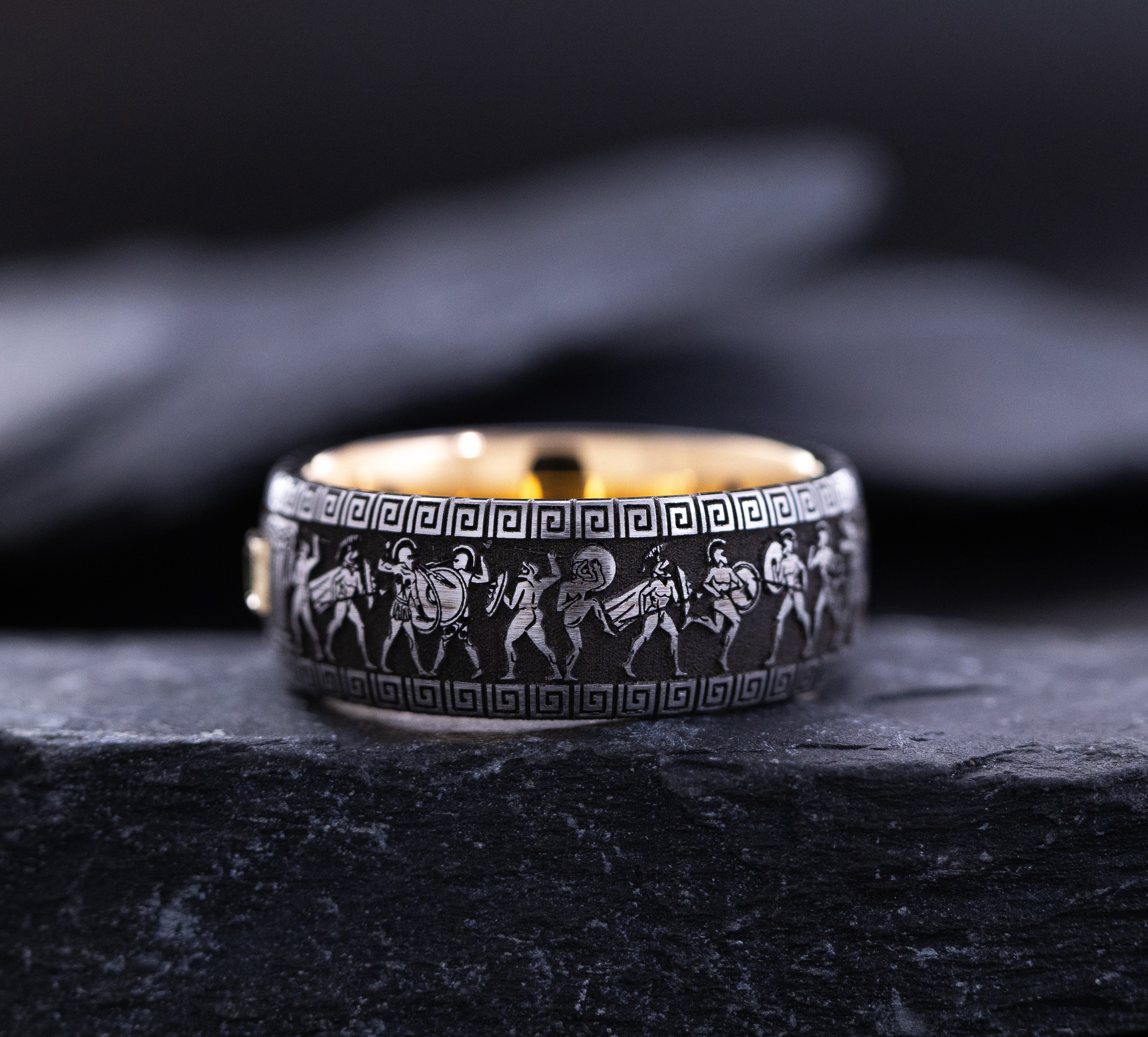 9mm Tungsten Carbide Ring with Rose Gold Plating, Gemstone and Ancient Greek Style Deep Engravings
