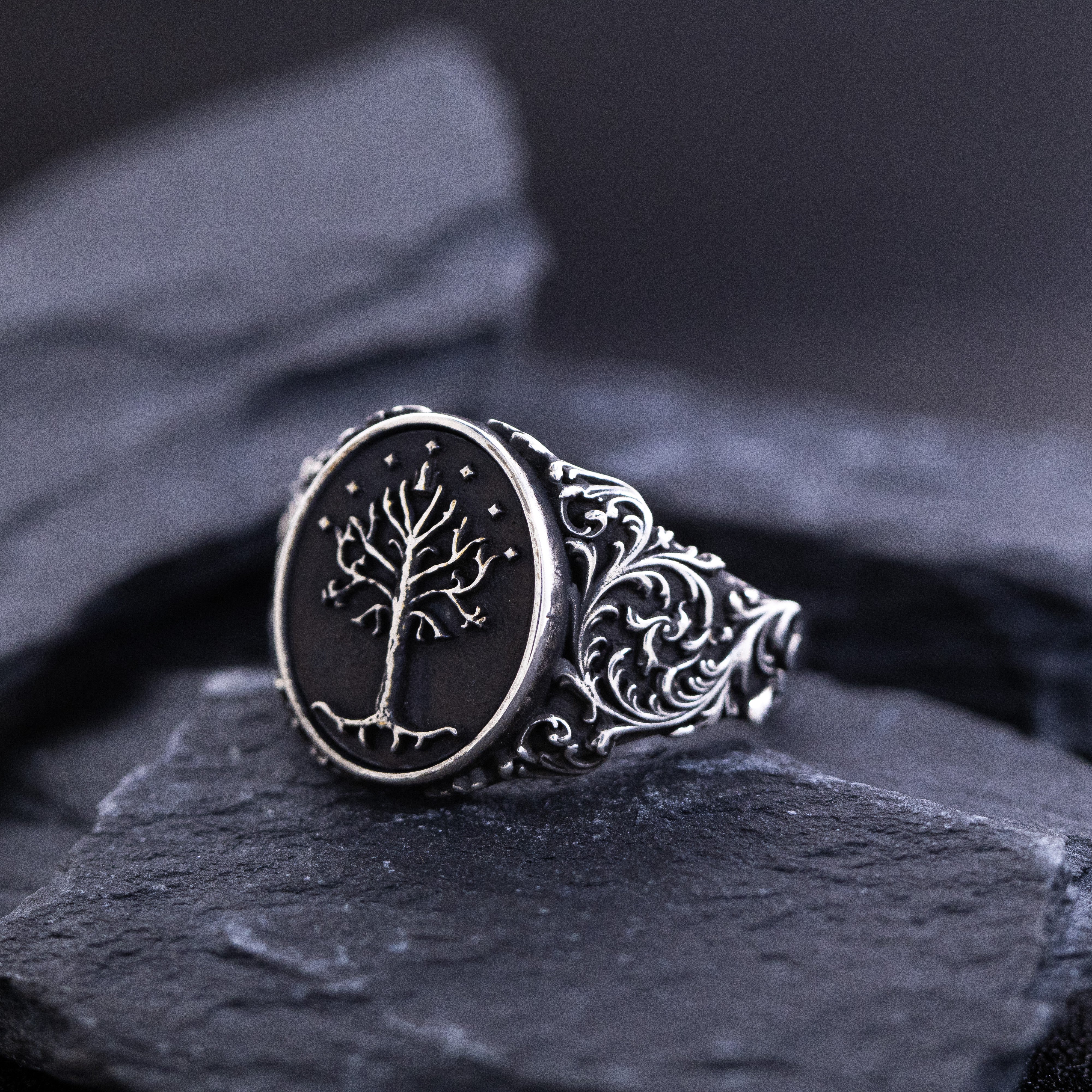 Elvish Signet Ring, Oxidized Sterling Silver Ring with Floral Patterns
