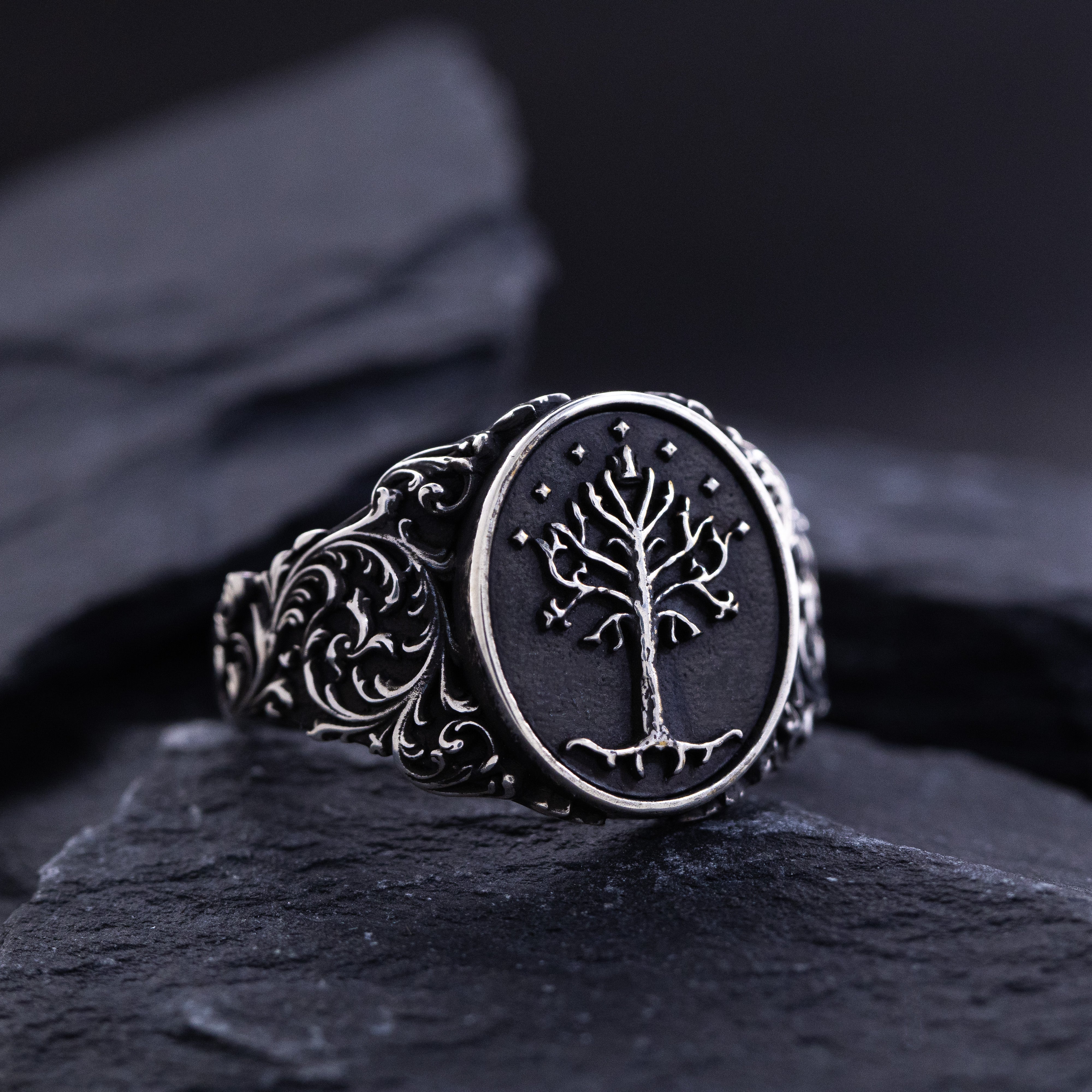Elvish Signet Ring, Oxidized Sterling Silver Ring with Floral Patterns
