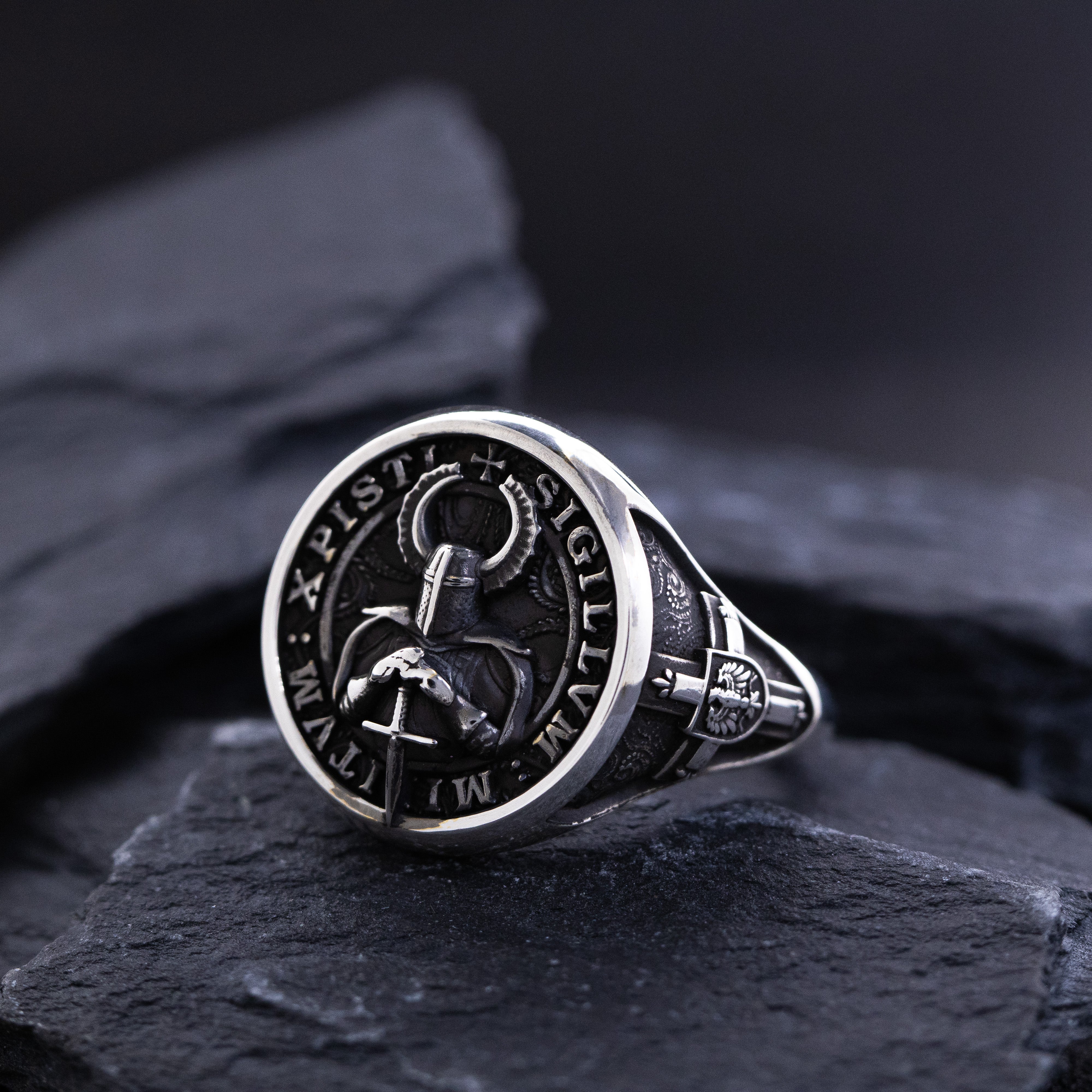 Oxidized Sterling Silver Signet Ring with Teutonic Knight