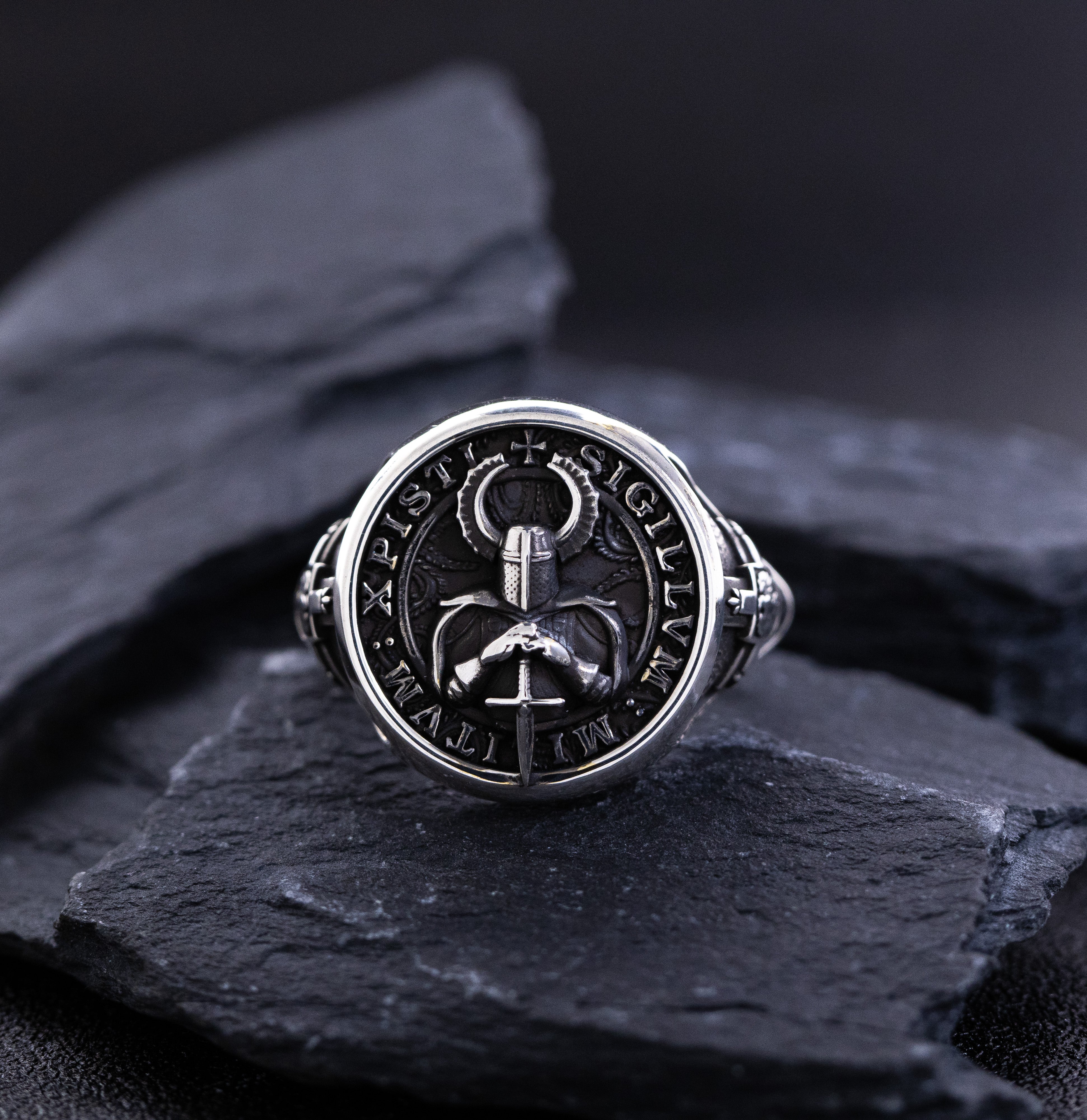 Oxidized Sterling Silver Signet Ring with Teutonic Knight