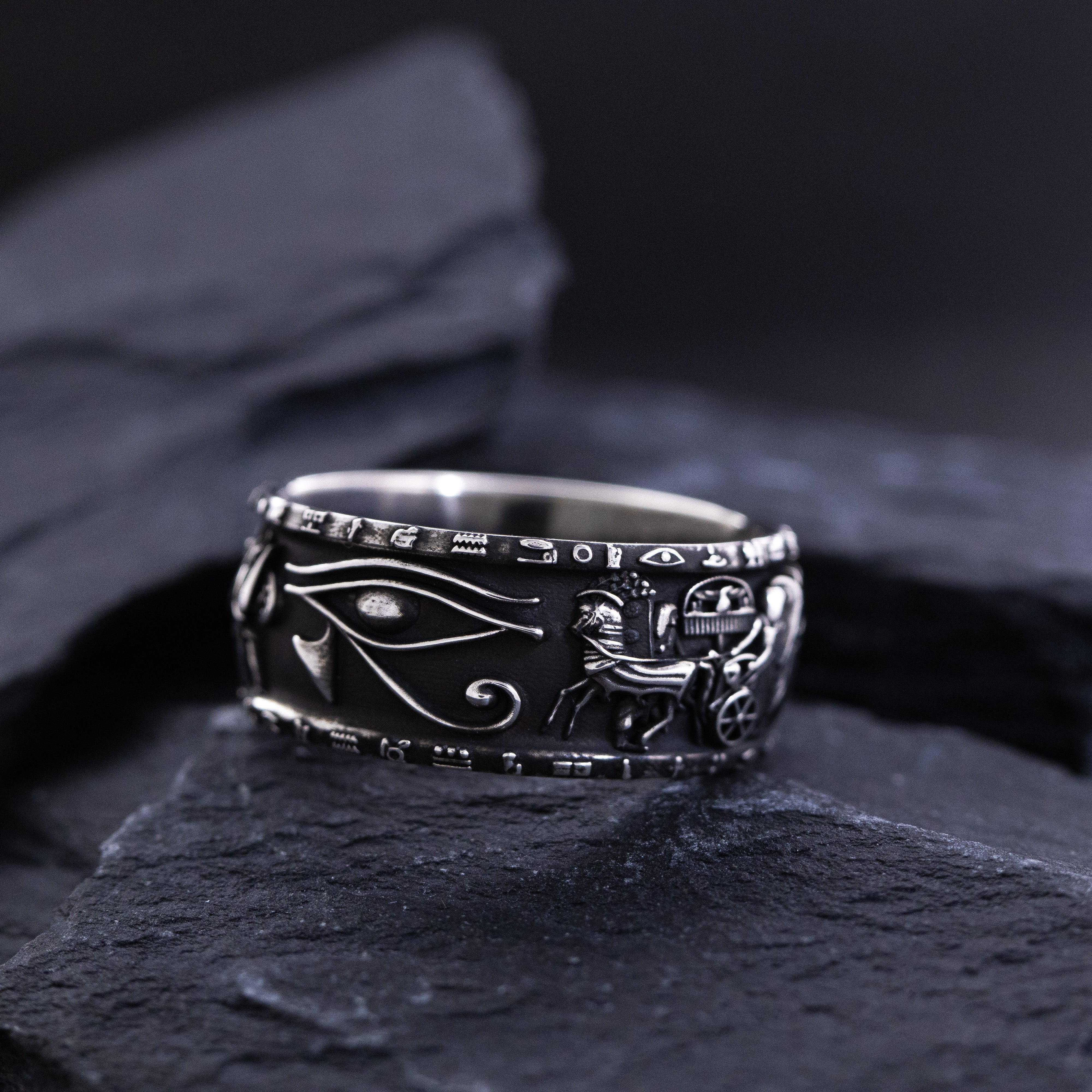 10mm Custom, Oxidized Sterling Silver Ring with Egyptian Battle of Kadesh Depiction