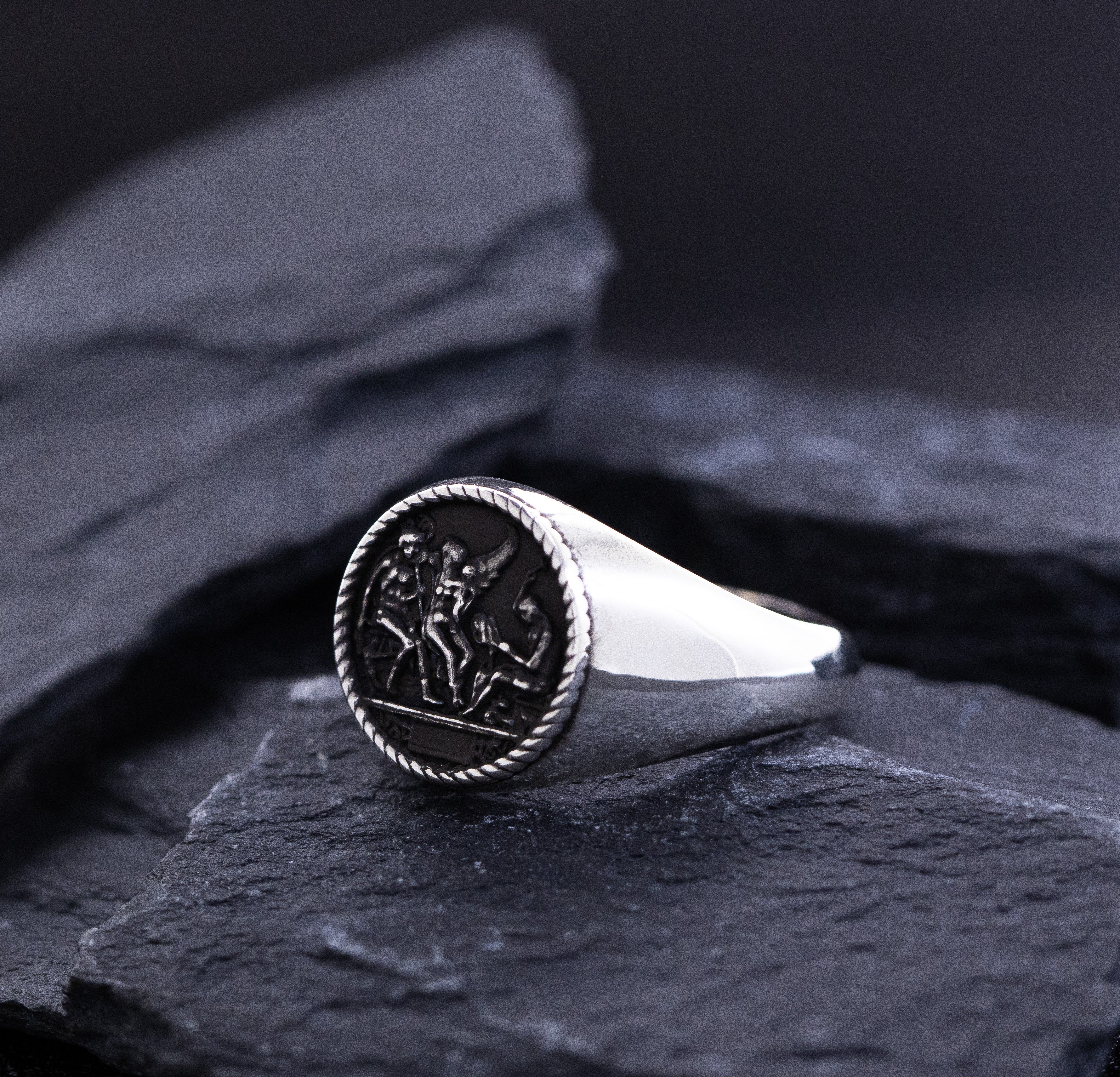 Renaissance Signet Ring, Sterling Silver Ring with Depiction of Roman Deities
