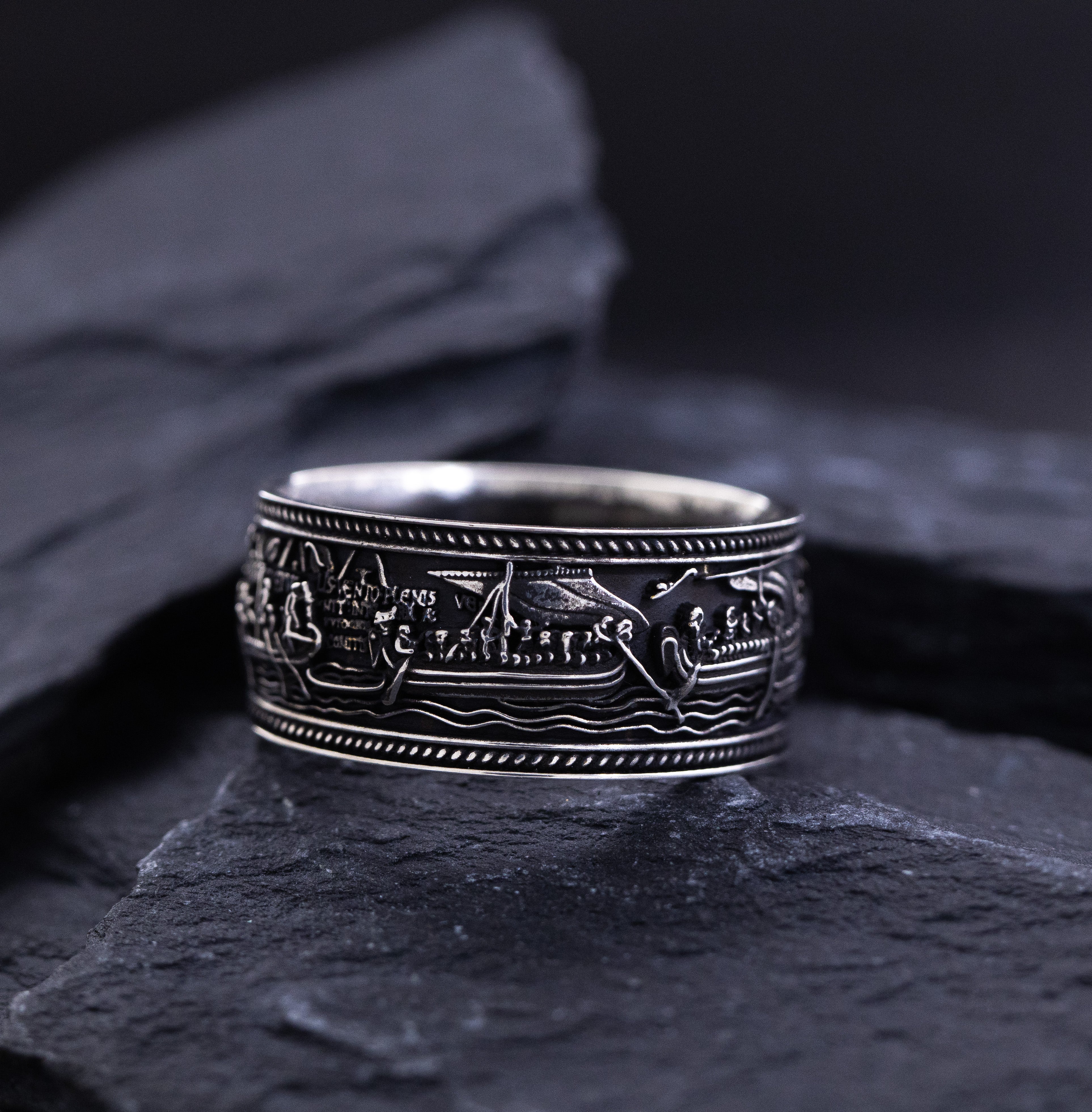 Sterling Silver Black Band with Bayeux Tapestry Relief