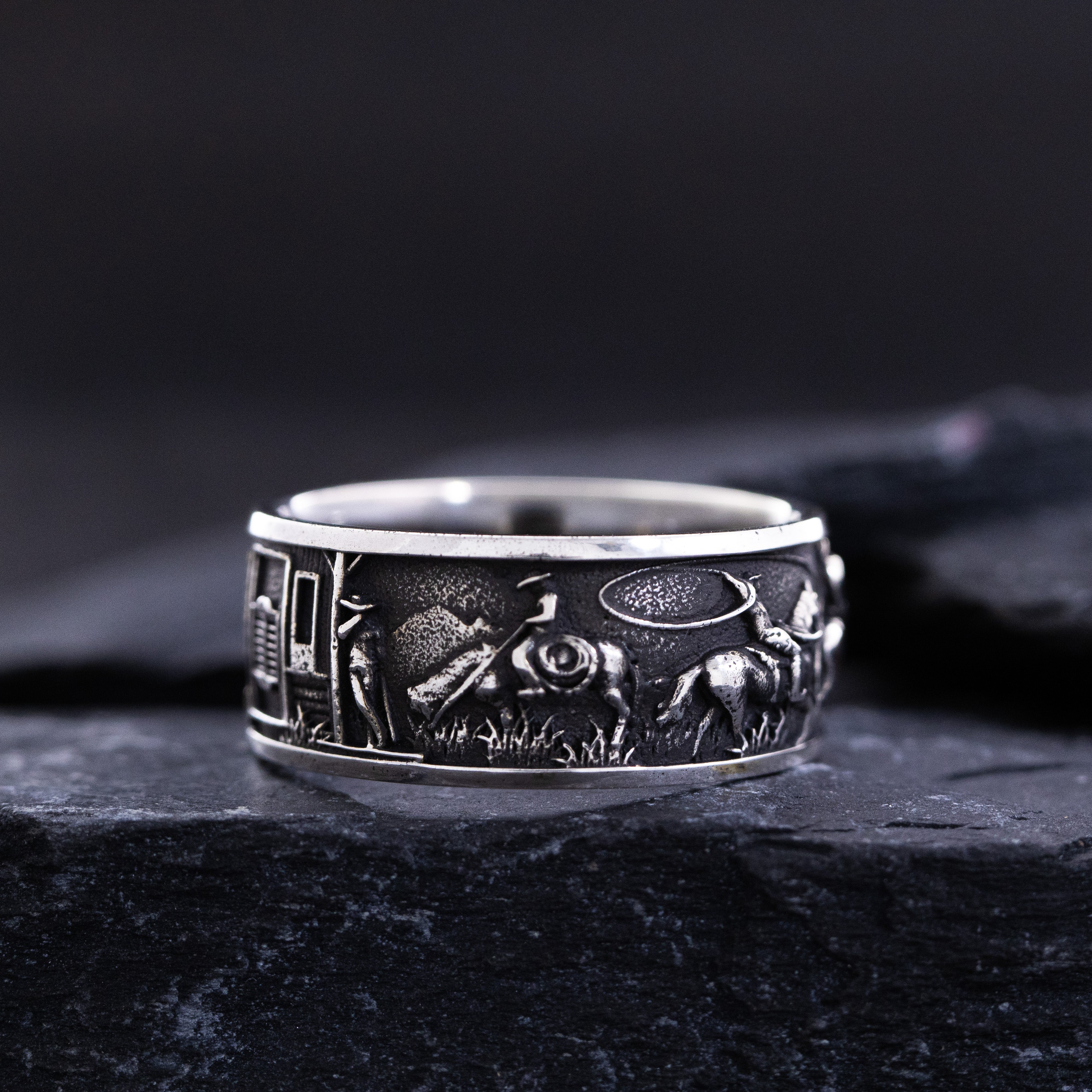10mm Sterling Silver Band with Western Cowboys