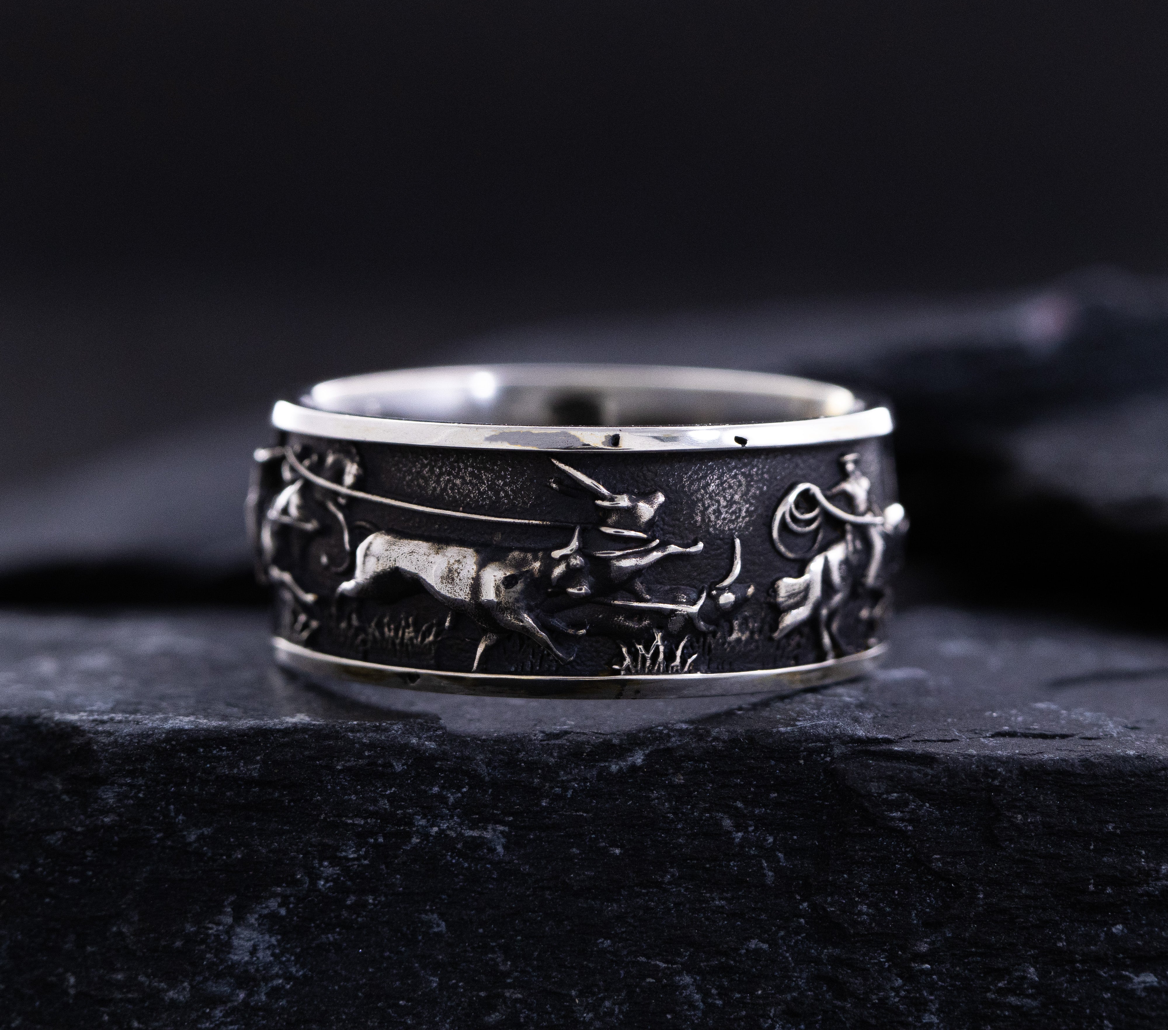 10mm Sterling Silver Band with Western Cowboys