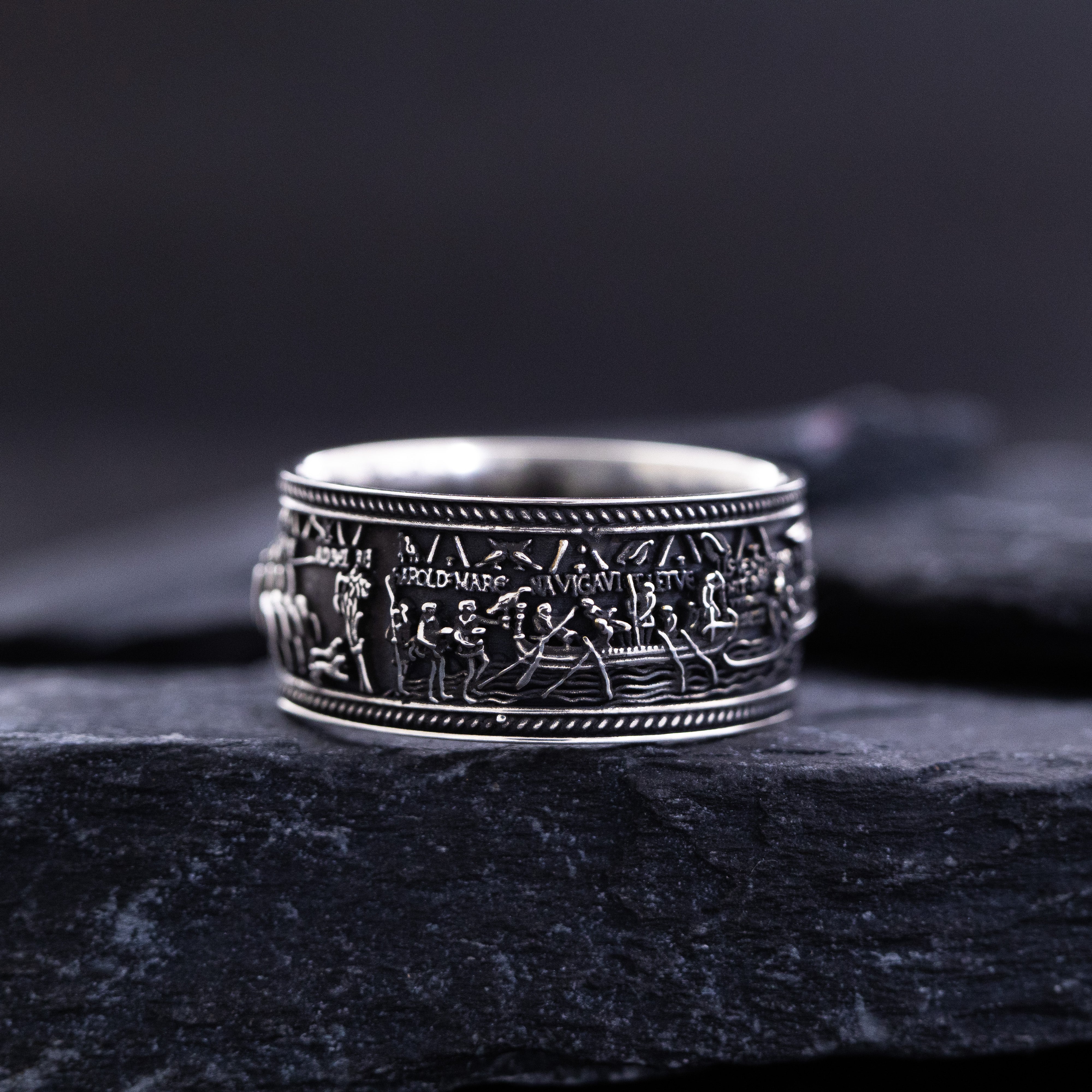 Sterling Silver Black Band with Bayeux Tapestry Relief