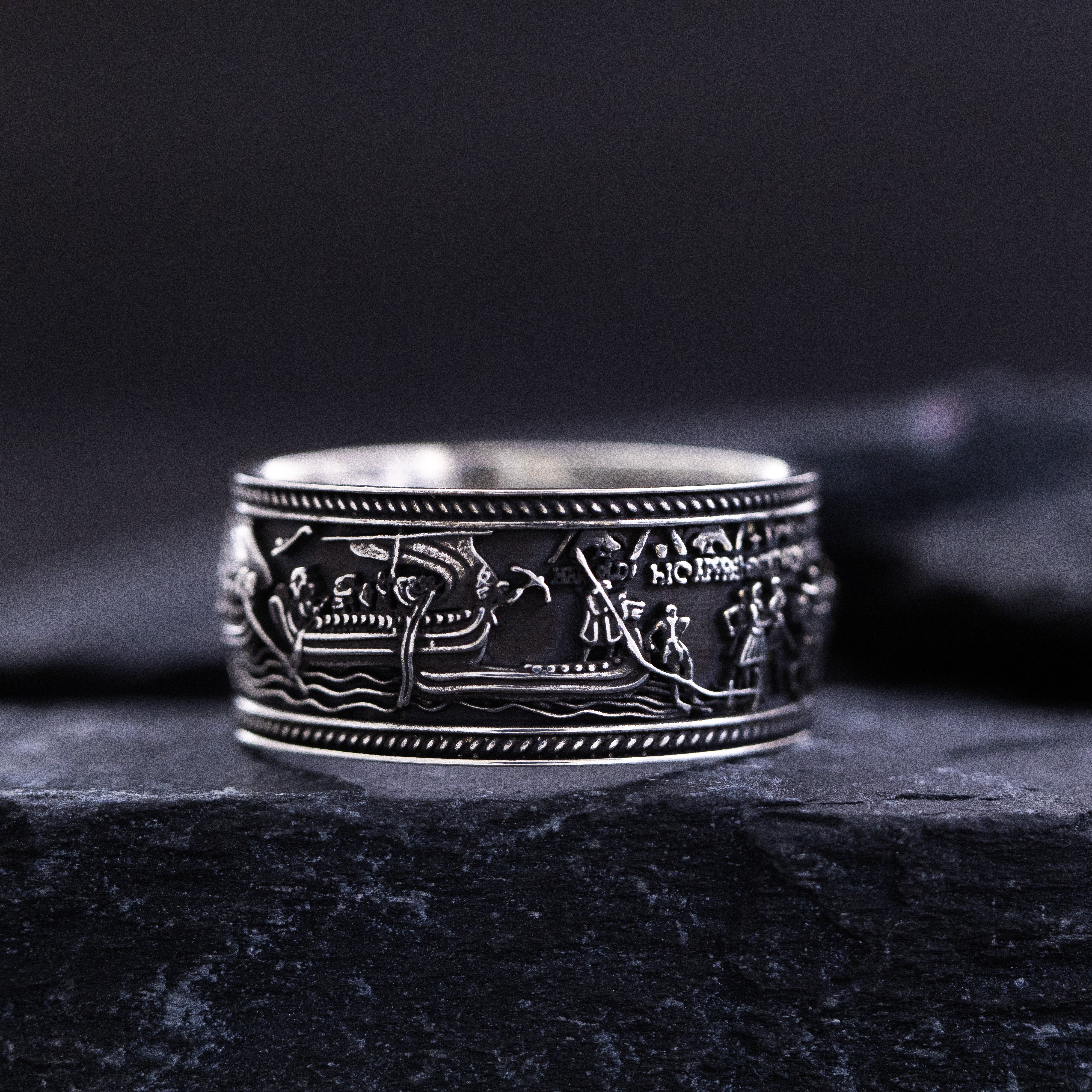 Sterling Silver Black Band with Bayeux Tapestry Relief