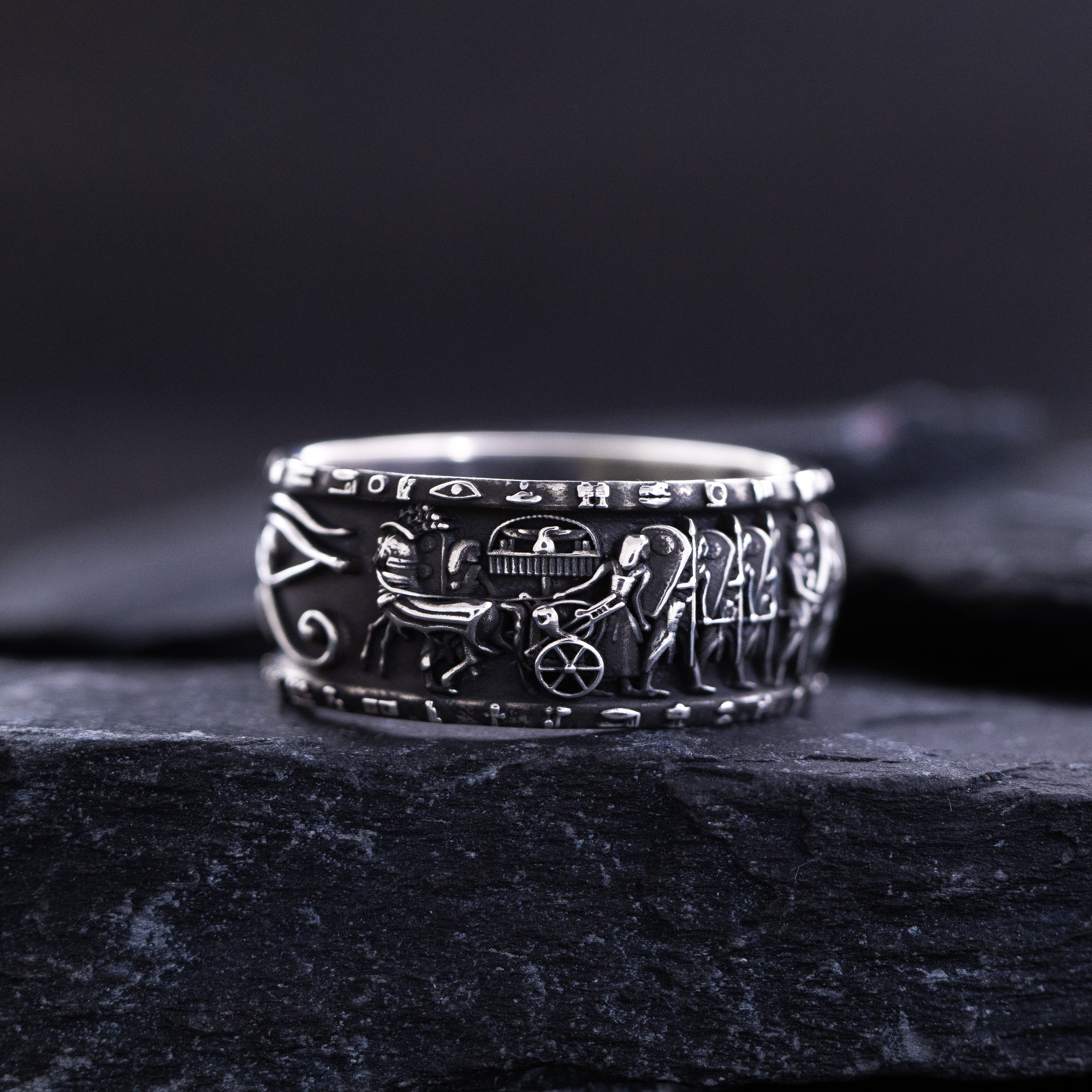 10mm Custom, Oxidized Sterling Silver Ring with Egyptian Battle of Kadesh Depiction