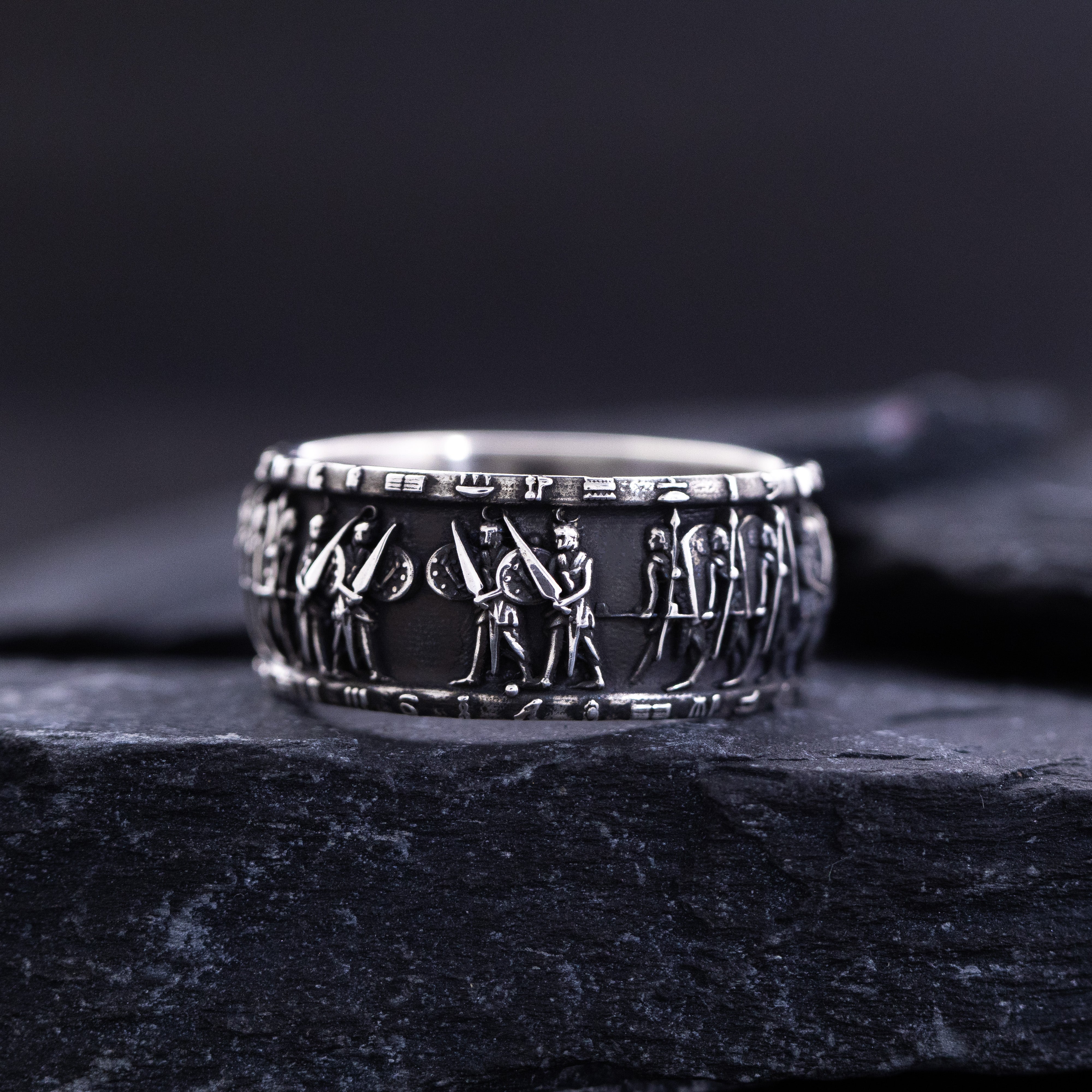 10mm Custom, Oxidized Sterling Silver Ring with Egyptian Battle of Kadesh Depiction