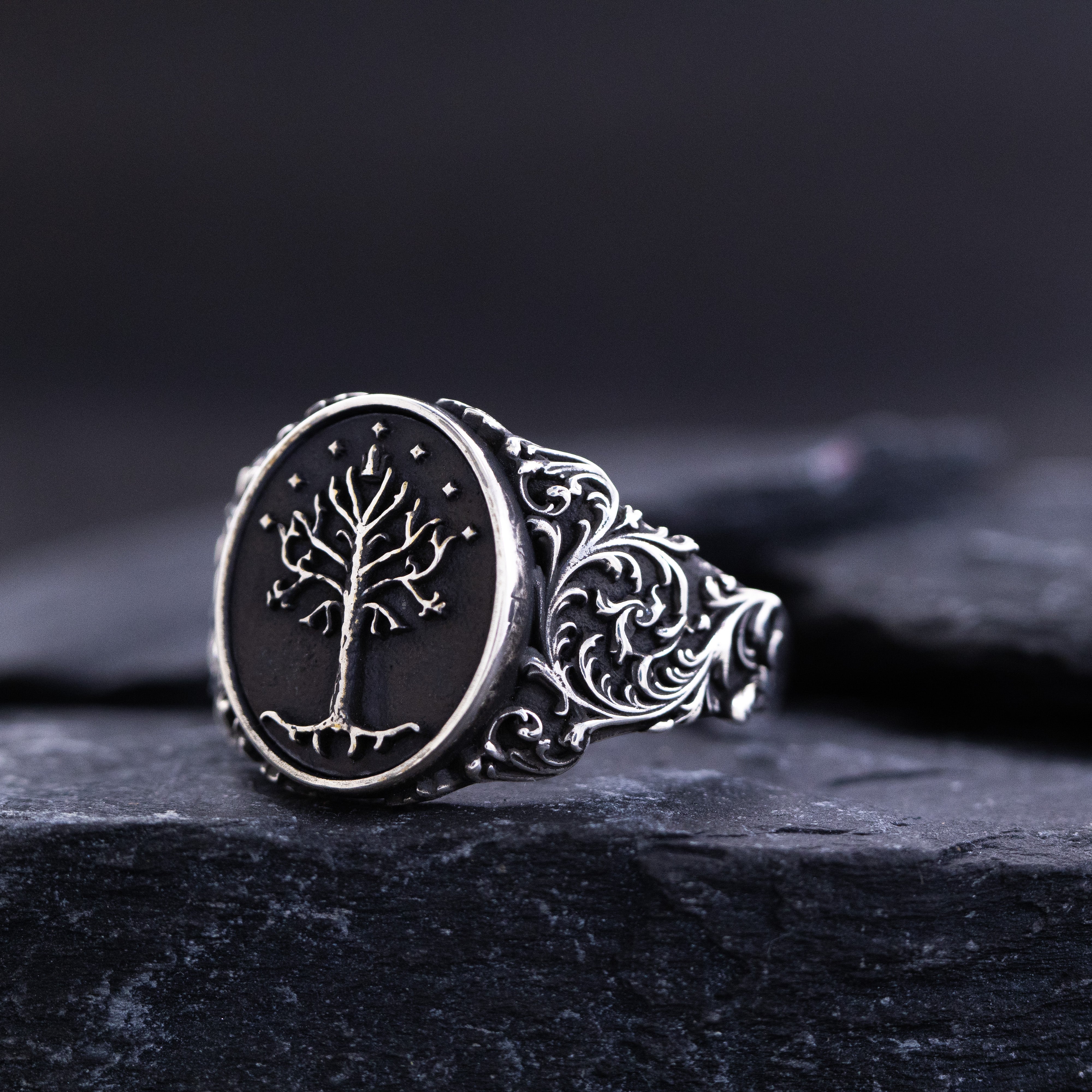 Elvish Signet Ring, Oxidized Sterling Silver Ring with Floral Patterns