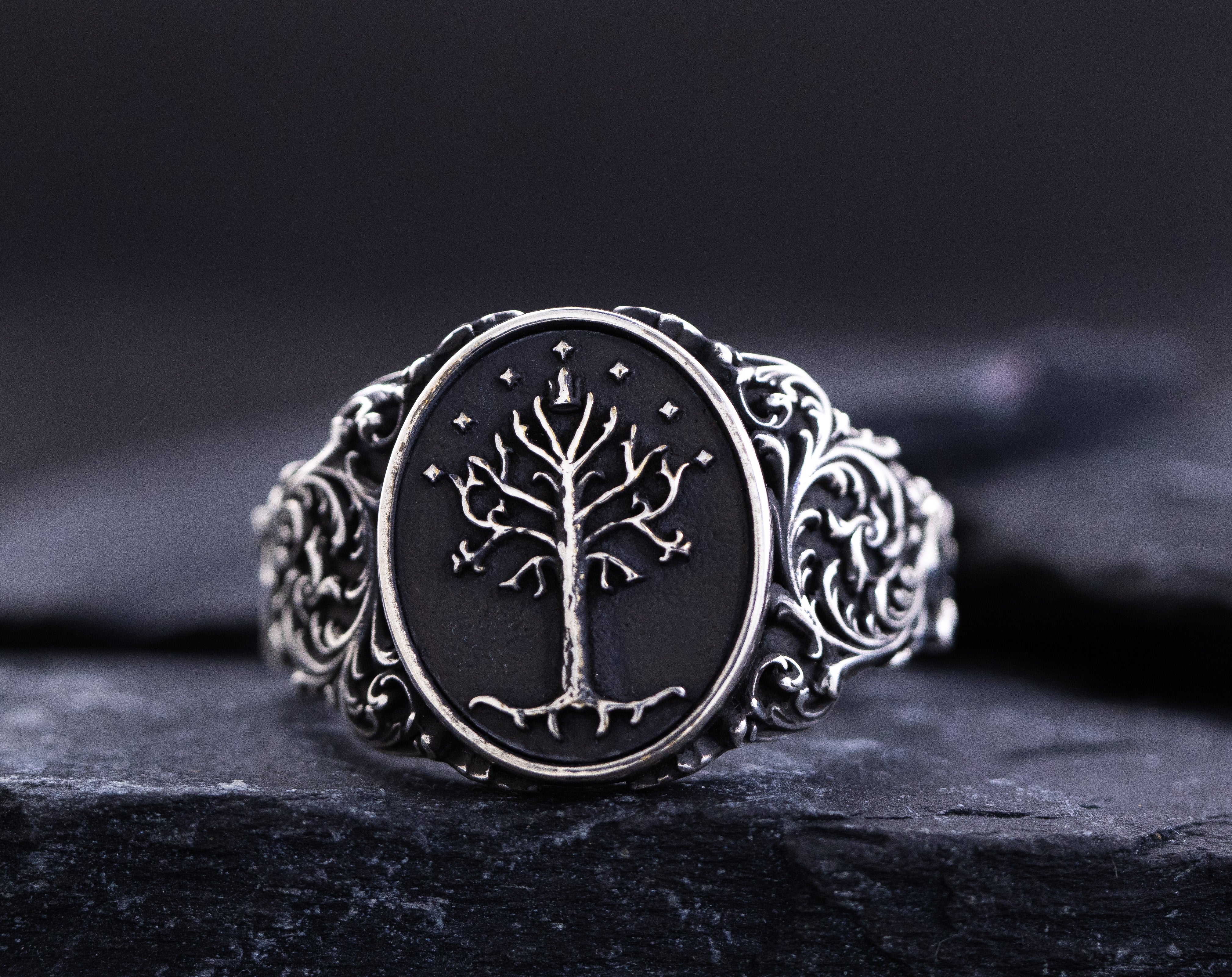Elvish Signet Ring, Oxidized Sterling Silver Ring with Floral Patterns