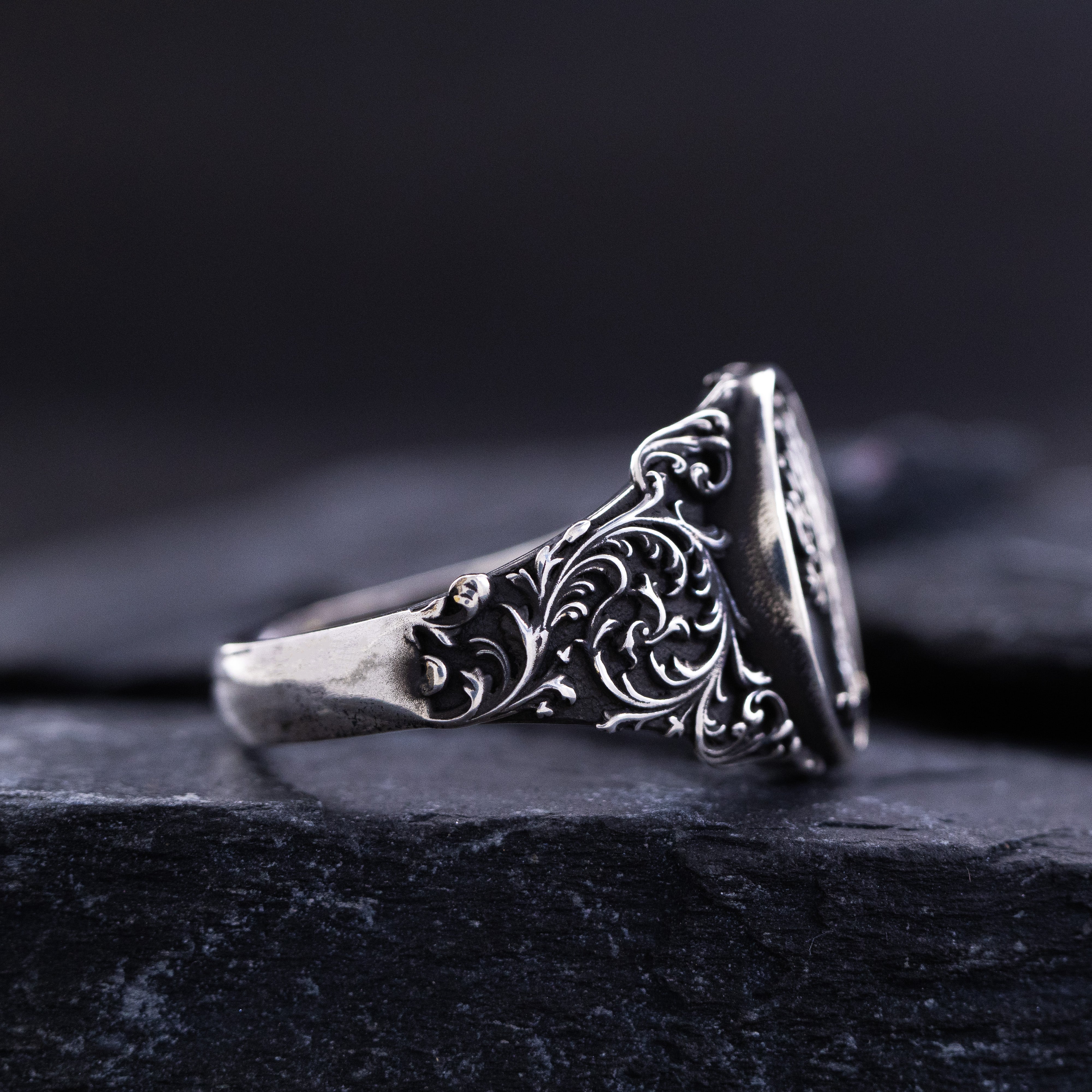 Elvish Signet Ring, Oxidized Sterling Silver Ring with Floral Patterns