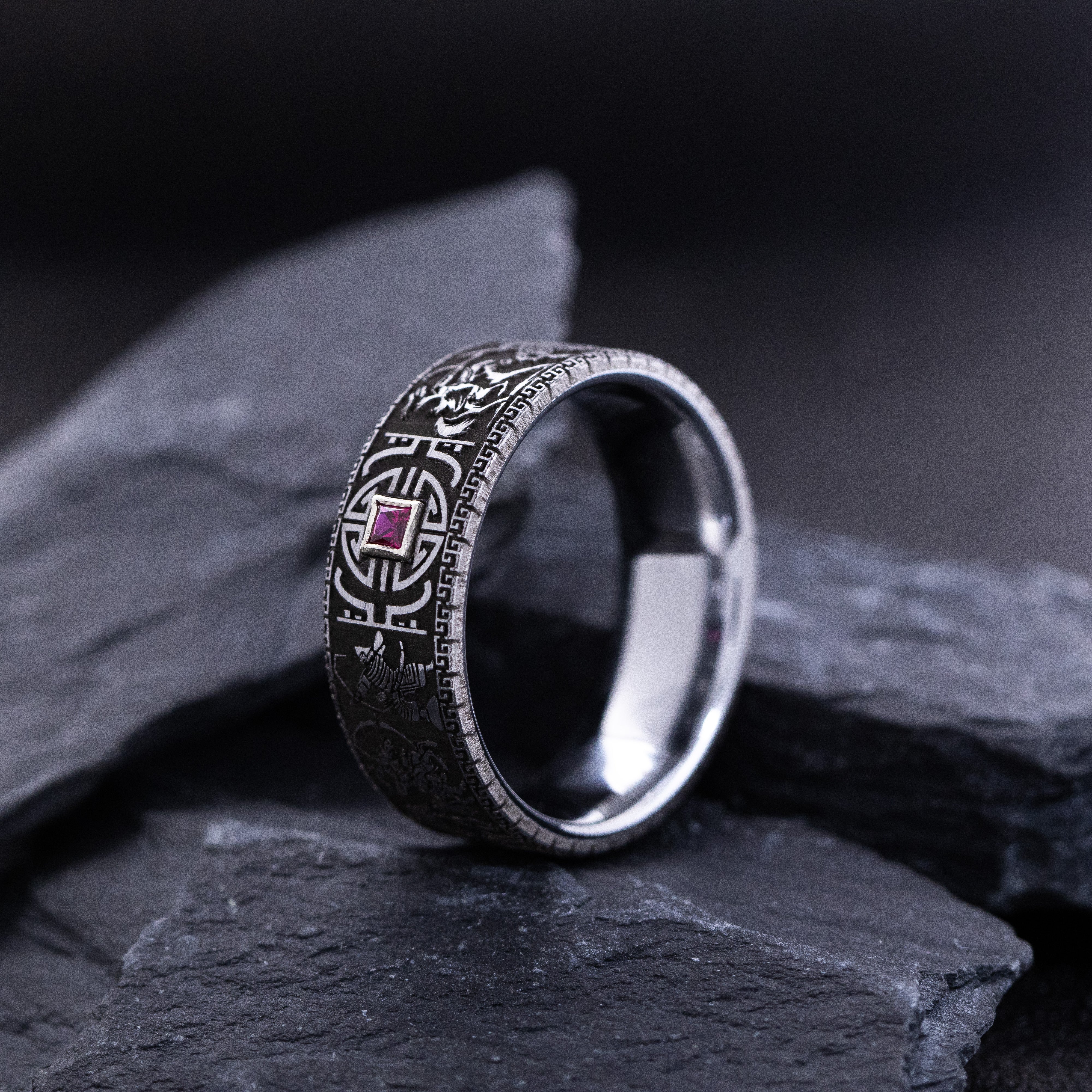 9mm Tungsten Carbide Ring with Princess Cut Gemstone and Mongol Steppe Nomad Warrior Engravings