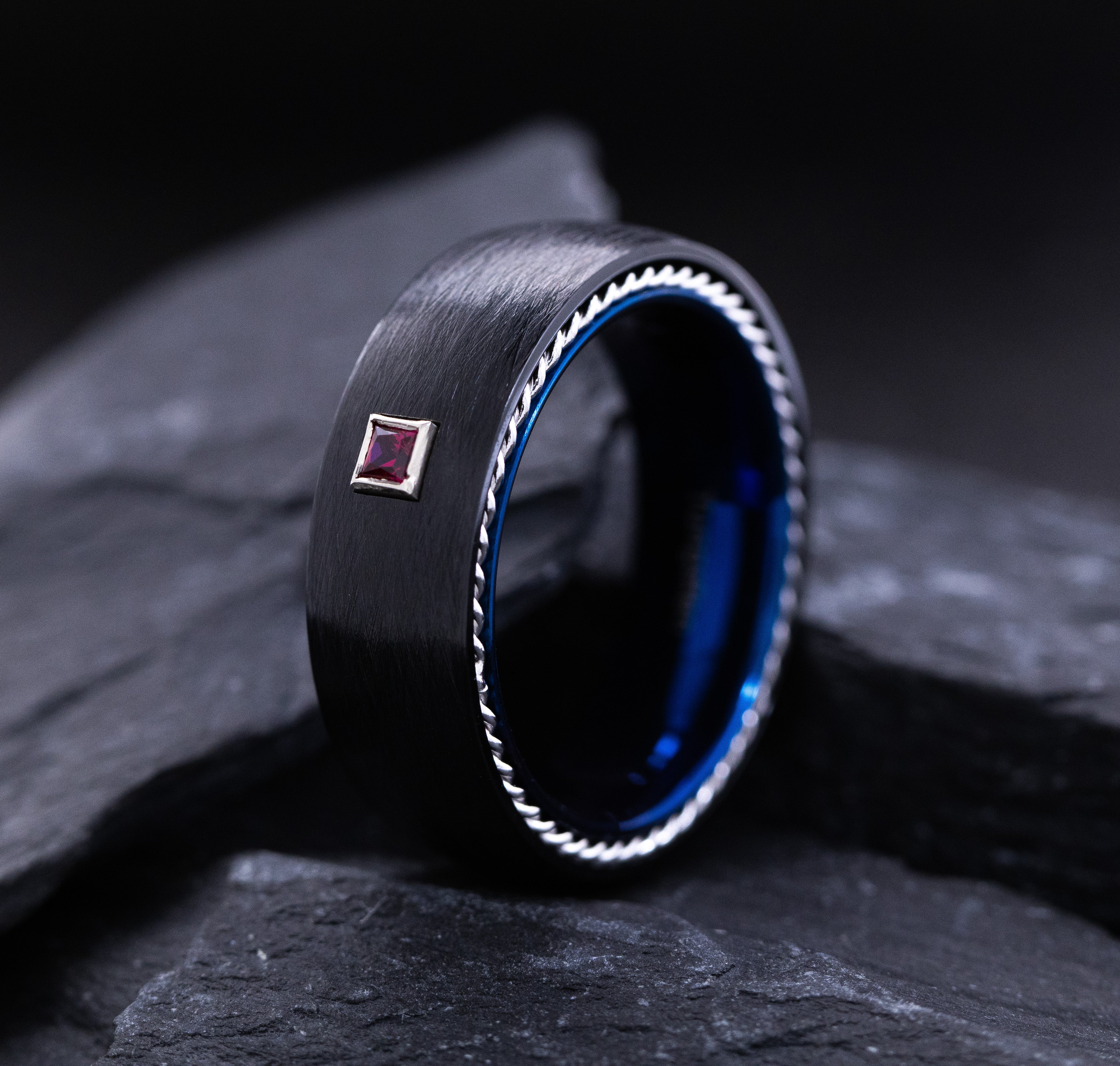 8mm Blue and Black Tungsten Carbide Ring with Princess Cut Gemstone and Twisted Rope Edges