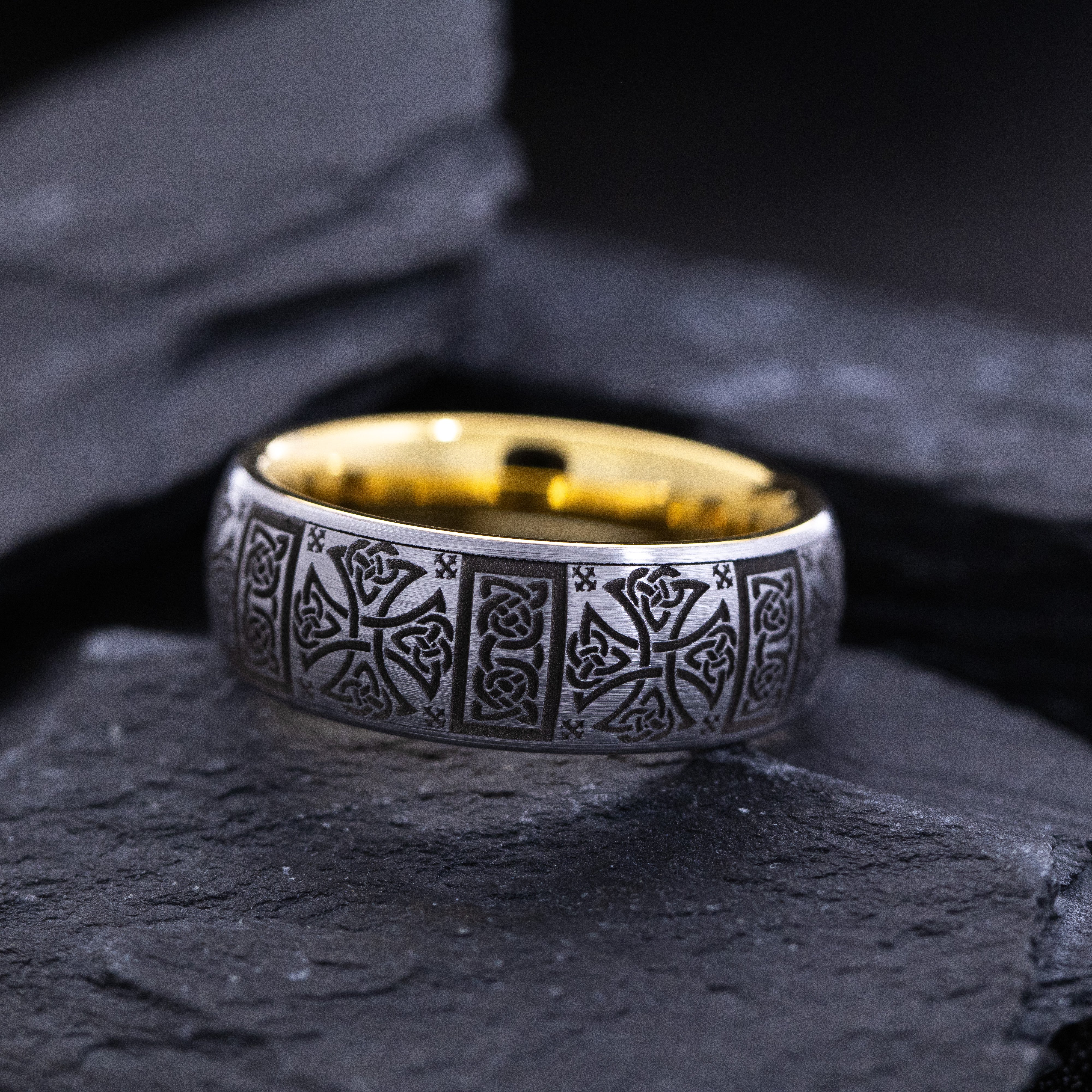 8mm Yellow Gold Plated and Silver Tungsten Carbide Band with Celtic Cross and Knot Engravings