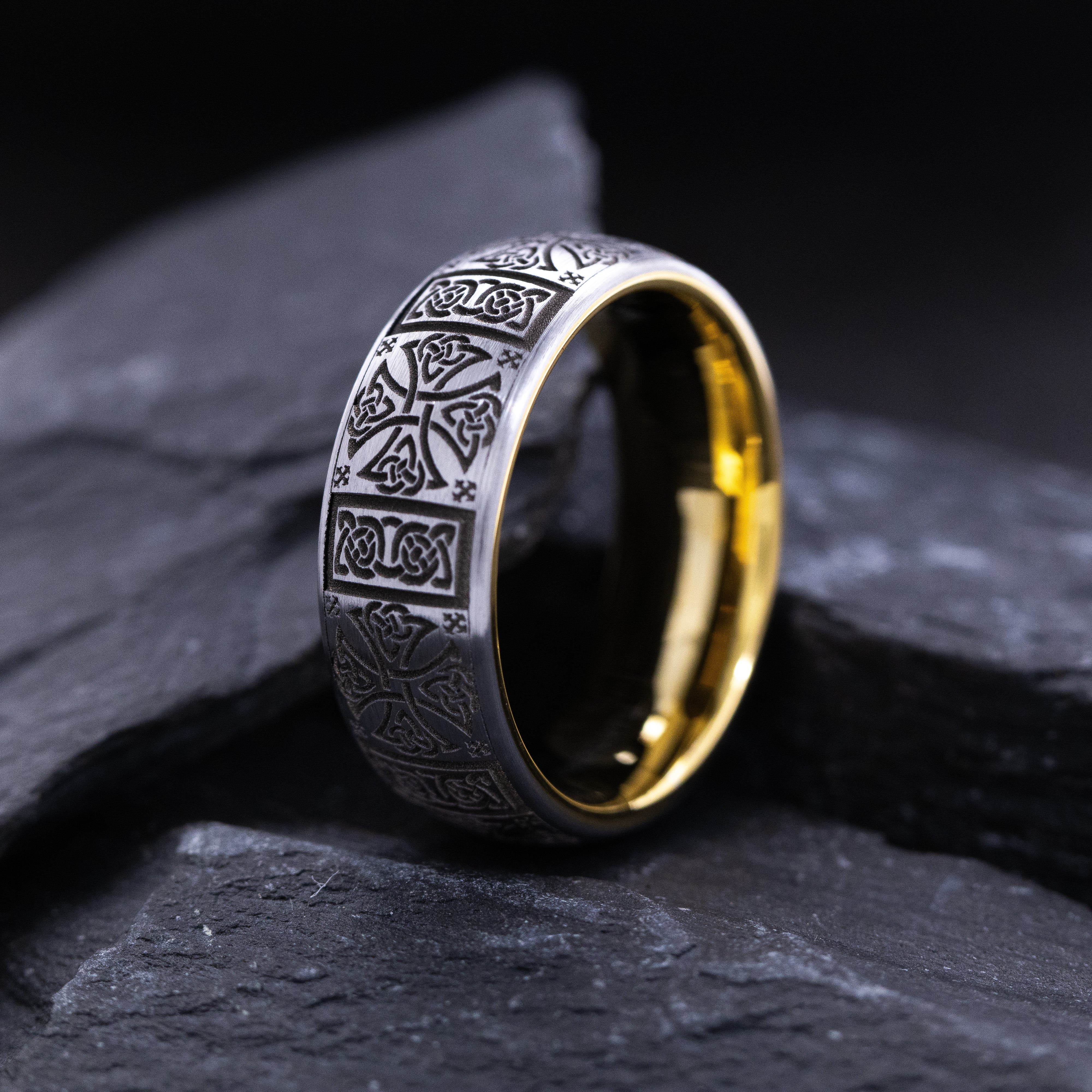 8mm Yellow Gold Plated and Silver Tungsten Carbide Band with Celtic Cross and Knot Engravings