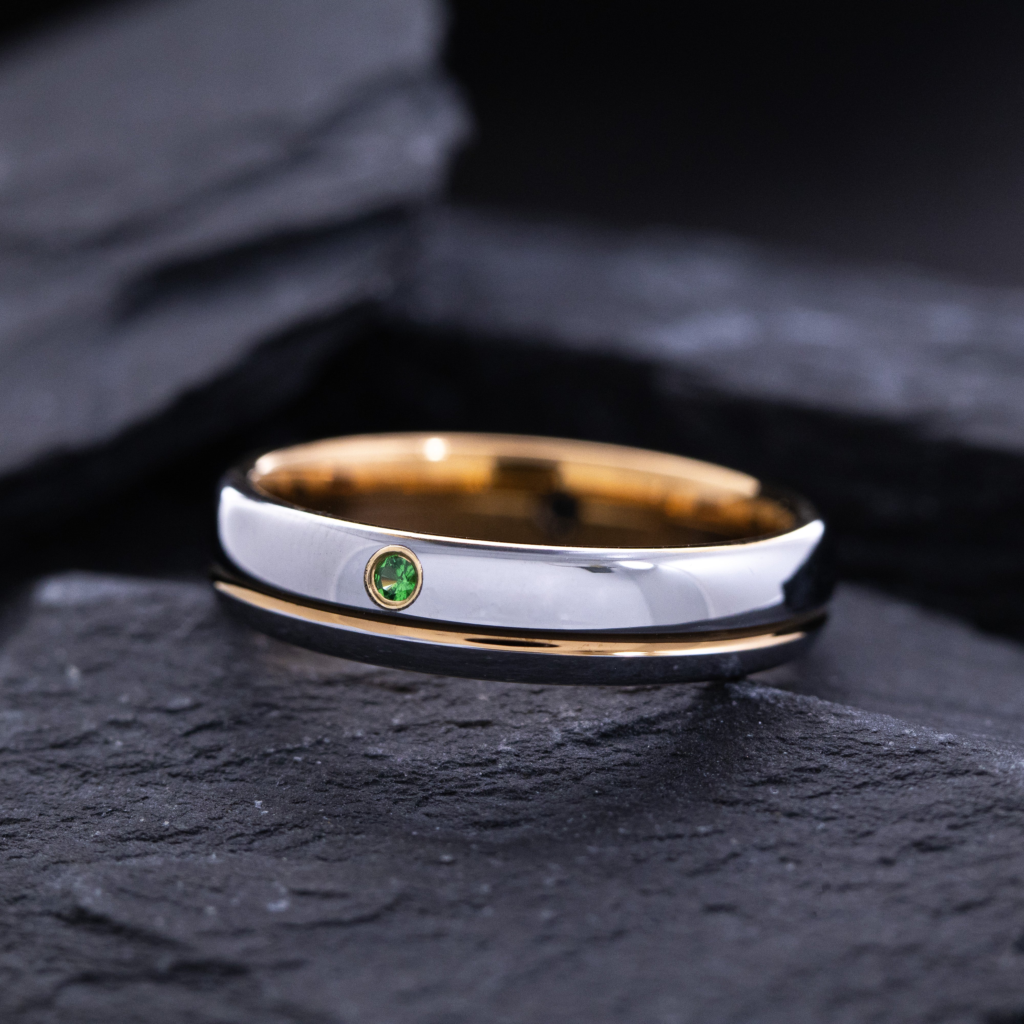 5mm Silver and Rose Gold Grooved Tungsten Ring with Round Cut Gemstone