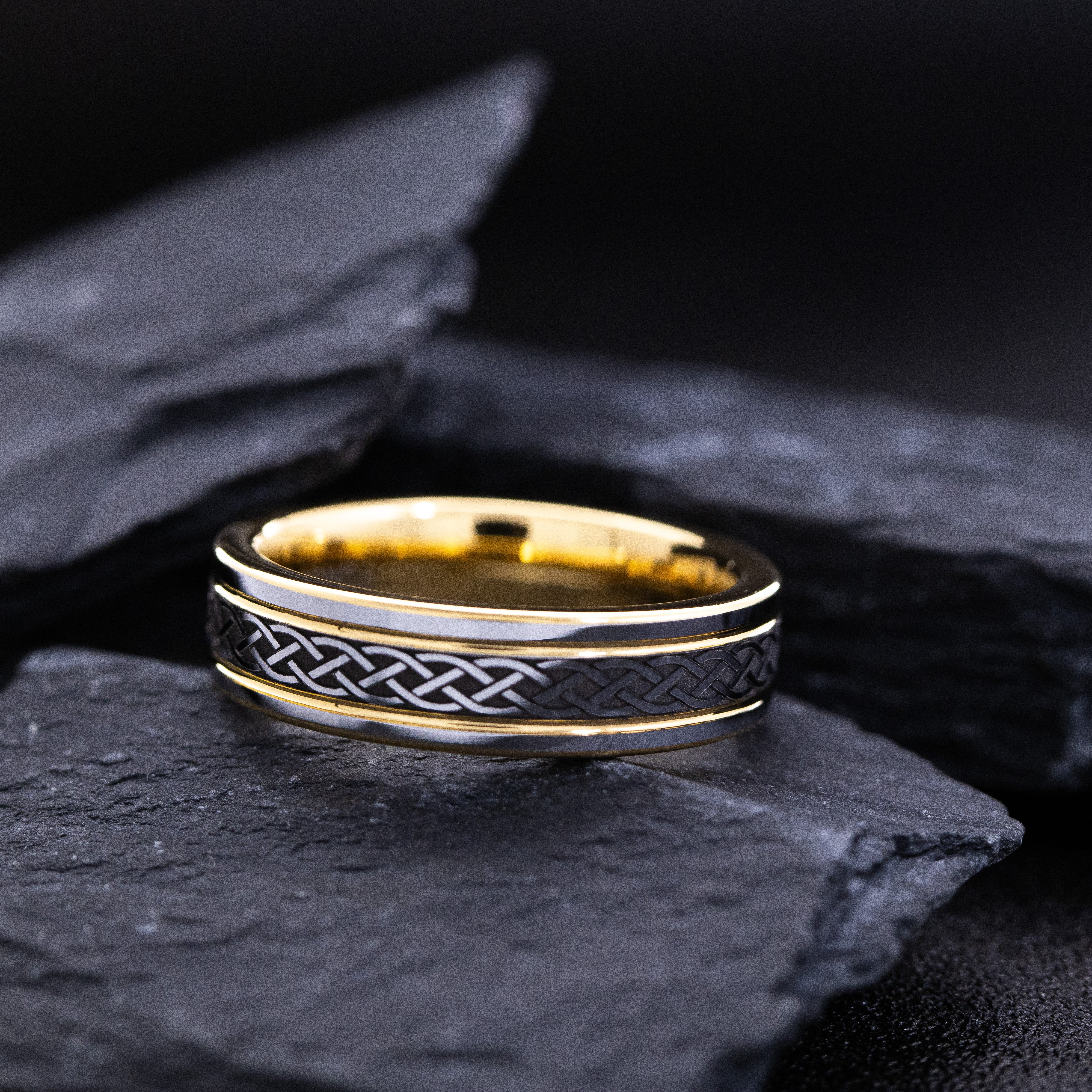 6mm Yellow Gold Plated Grooved Tungsten Carbide Band with Celtic Knot Pattern Engraving
