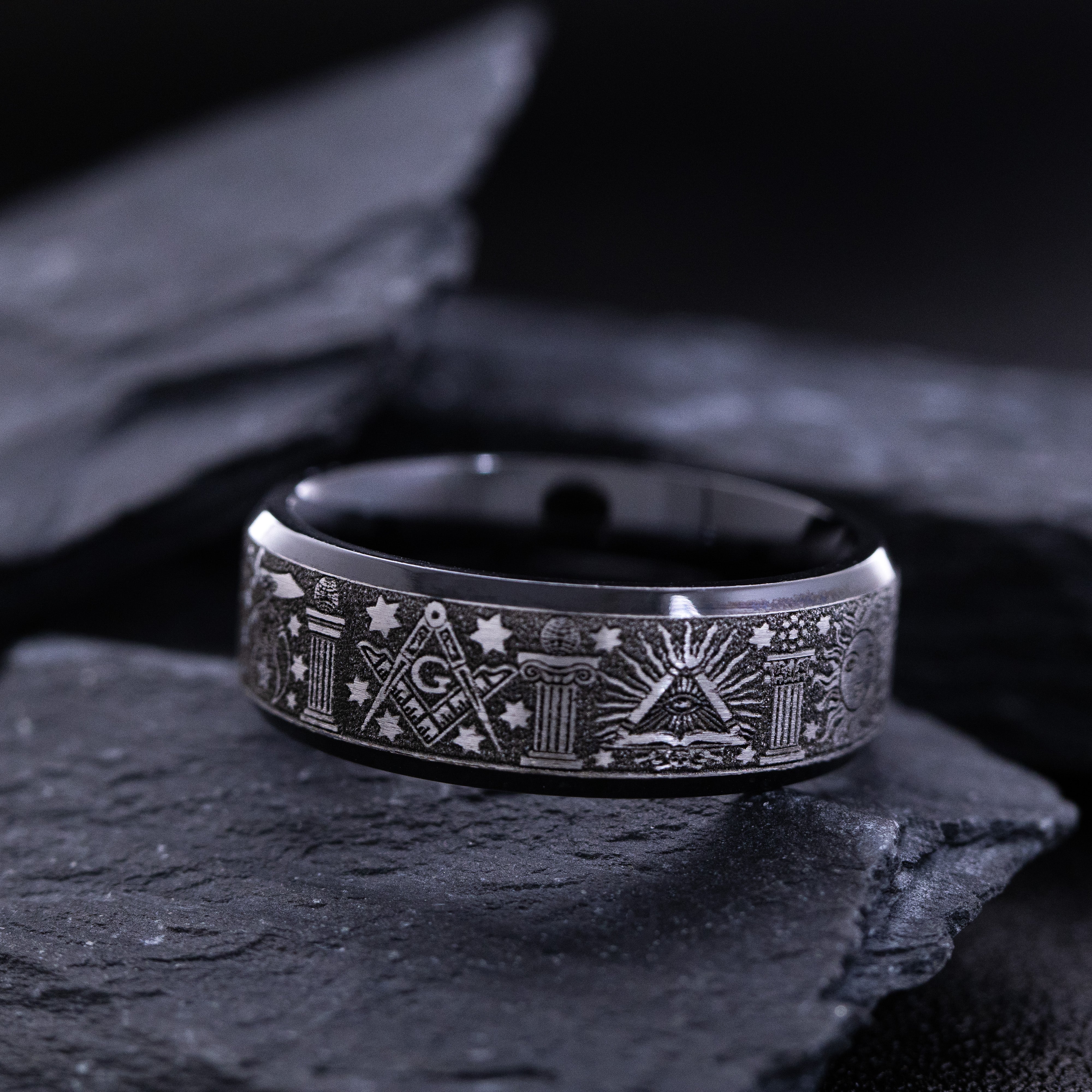 8mm Black Titanium Band with Deep Engraved Masonic Symbols